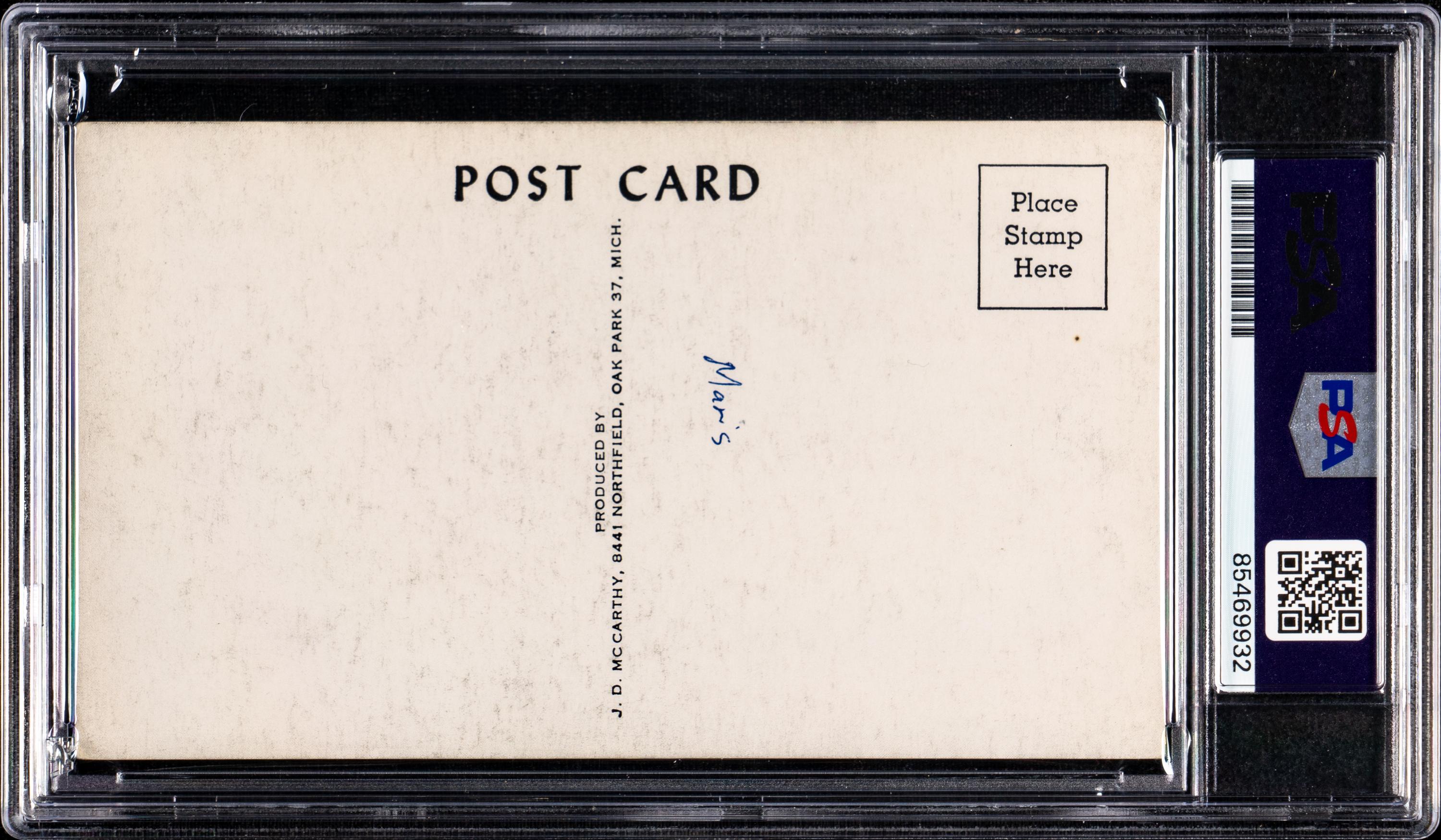 A Roger Maris Signed Autograph 1958-59 Postcard (PSA ENCAPSULATED)