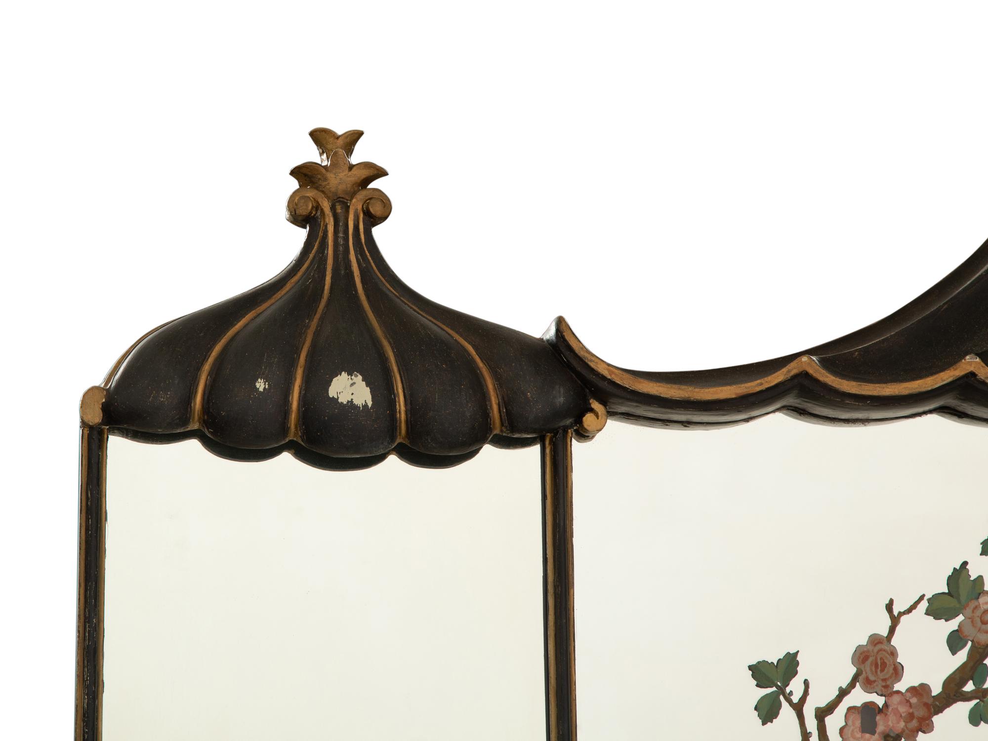 A "Chinese Chippendale" Style Ebonized and Parcel Gilt Reverse-Painted Glass Overmantel Mirror
