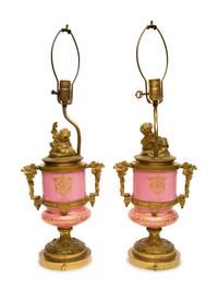A Pair of Gilt Bronze Mounted Sèvres Style Porcelain Urns Mounted as Lamps