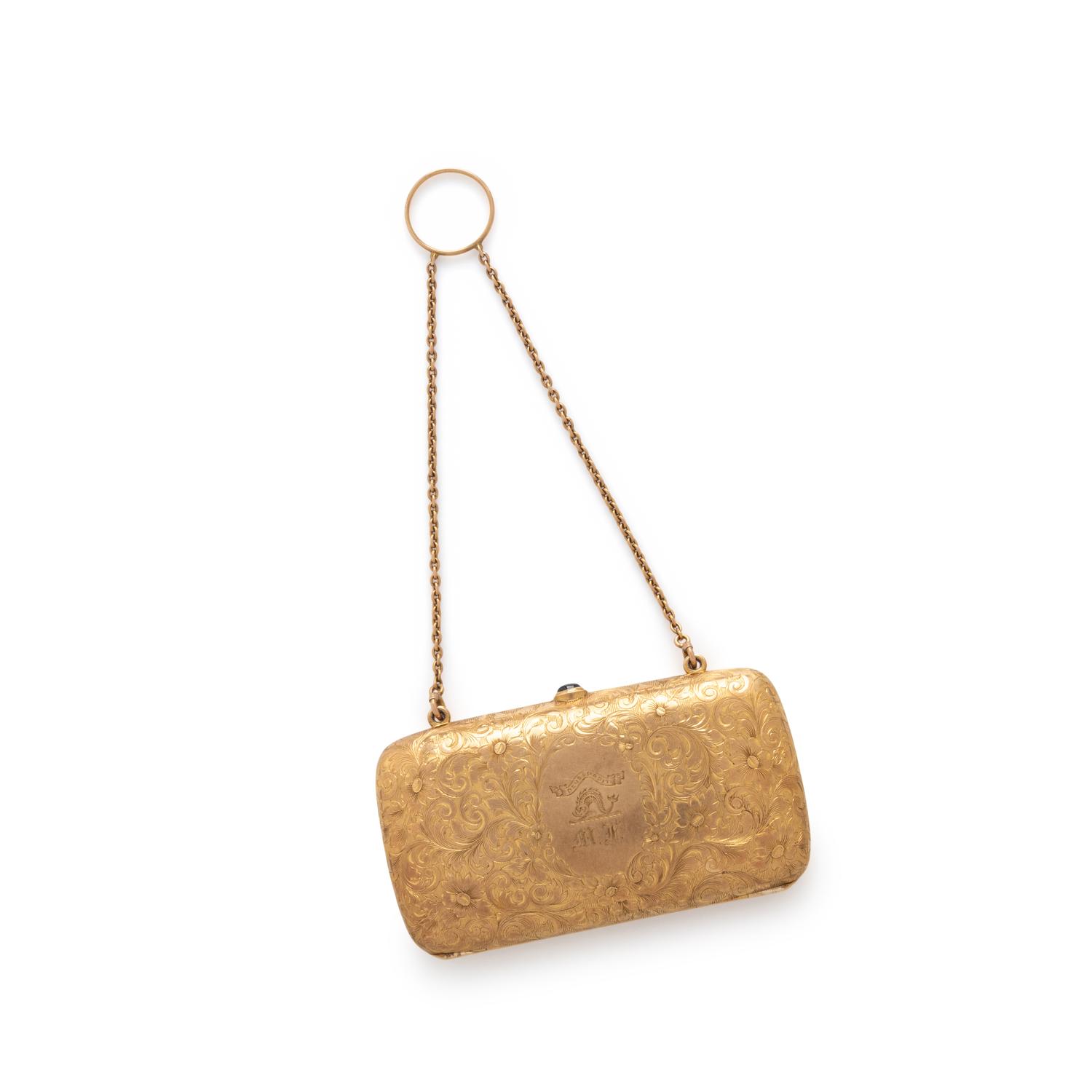 GILDED AGE, YELLOW GOLD AND SAPPHIRE PURSE