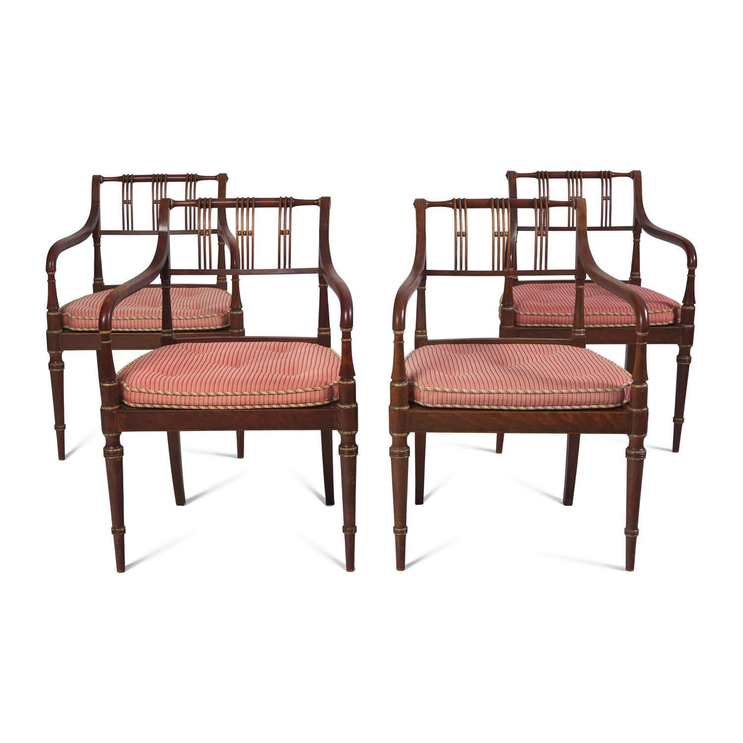 A Set of Four Regency Style Paint-Decorated Fruitwood Open Armchairs
