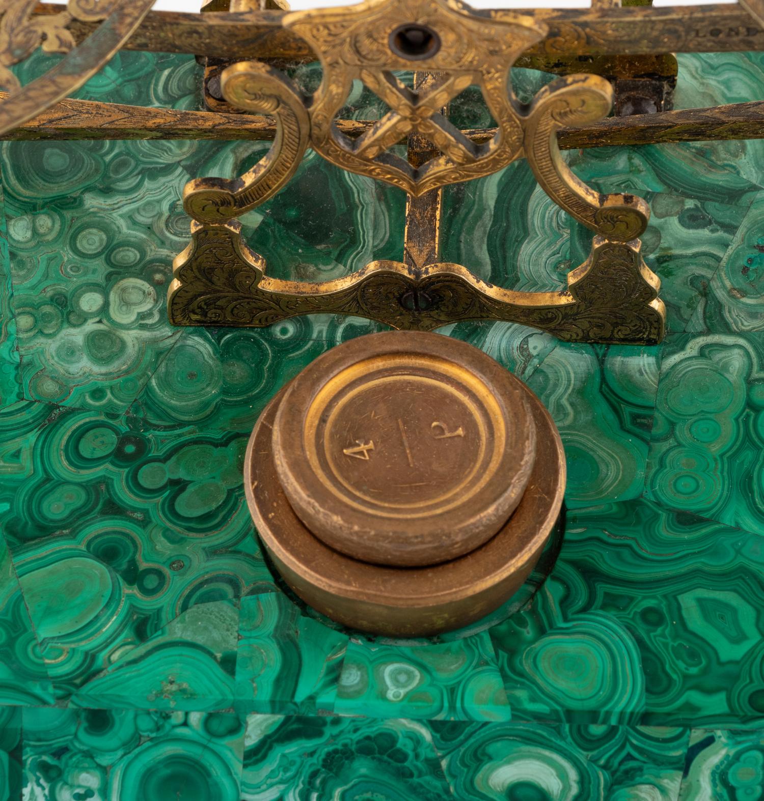 A Gilt Bronze and Malachite Balance Scale and a Similar Paperweight