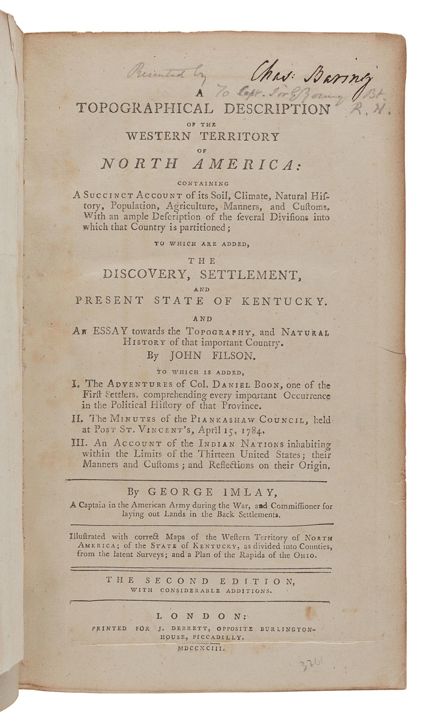 IMLAY, Gilbert (ca 1754-1828). A Topographical Description of the Western Territory of North America. London: J. Debrett, 1793.
