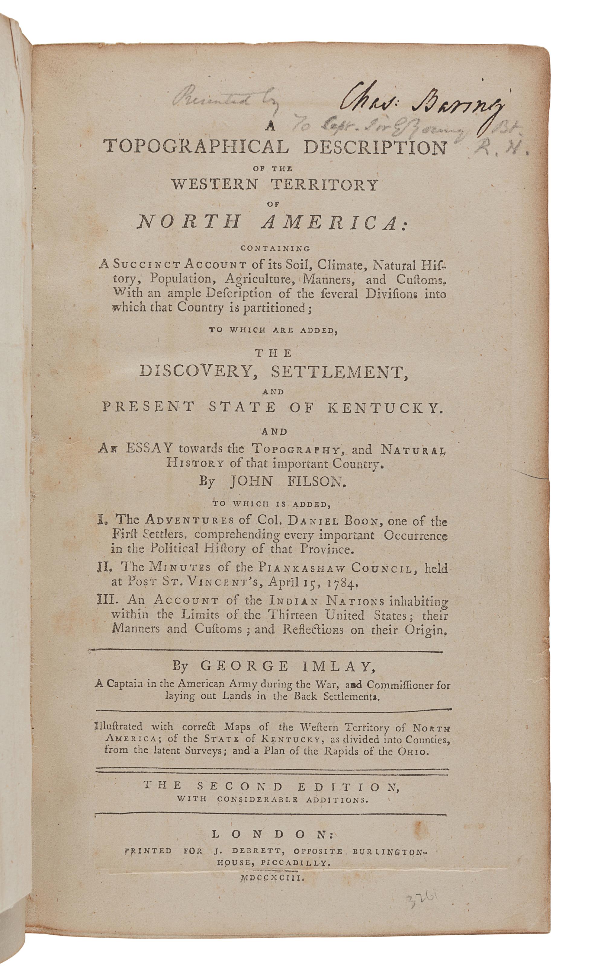 IMLAY, Gilbert (ca 1754-1828). A Topographical Description of the Western Territory of North America. London: J. Debrett, 1793.