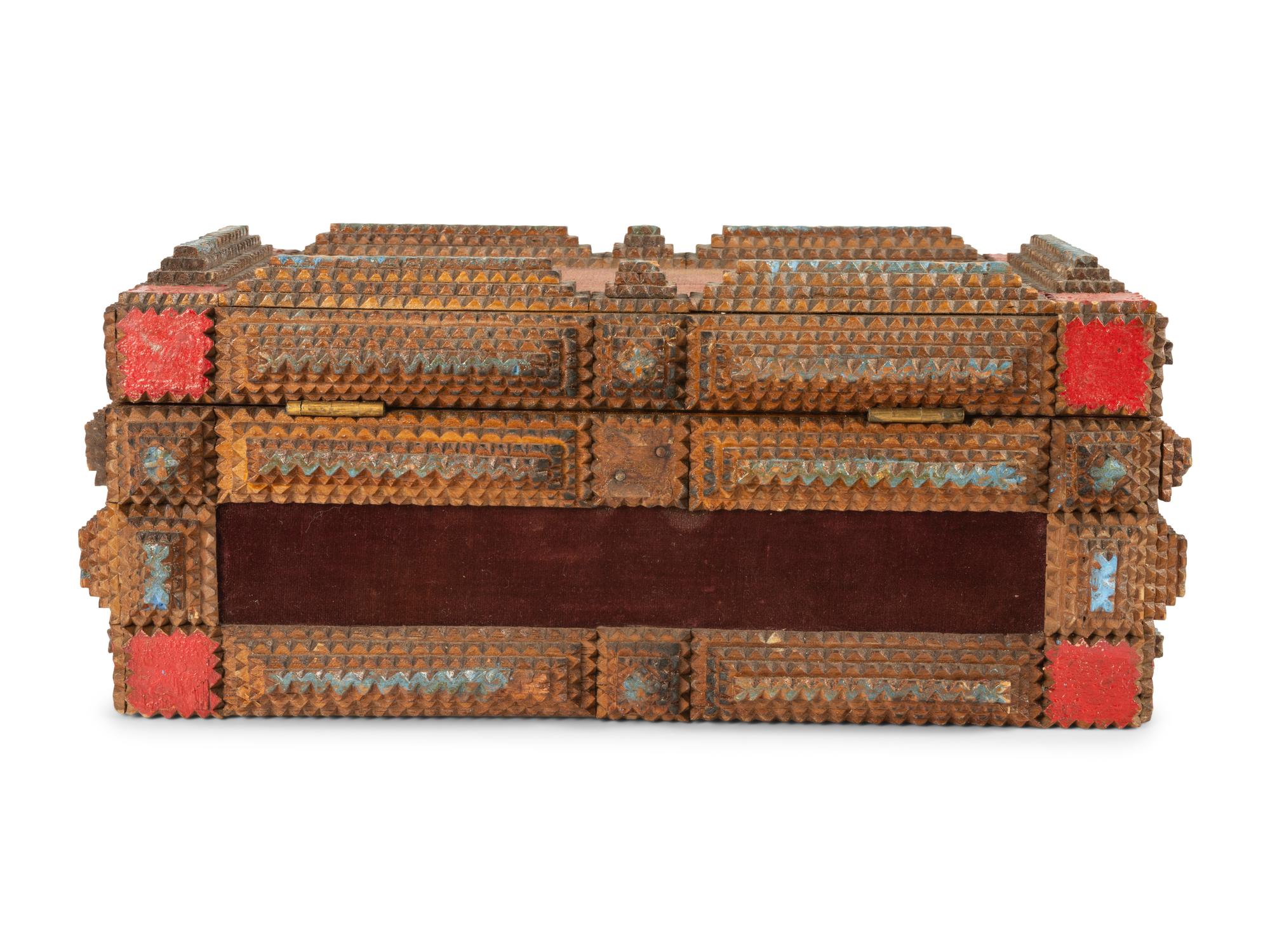A Painted Wood and Velvet Tramp Art Box