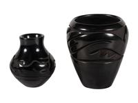 Pair of Carved Blackware Pottery Jars, with Avanyu