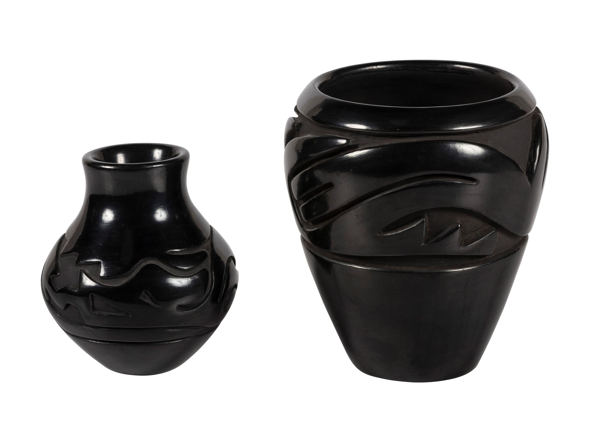 Pair of Carved Blackware Pottery Jars, with Avanyu