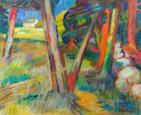 Karl Schrag, (American, 1912-1995), Sunlit House Through Trees