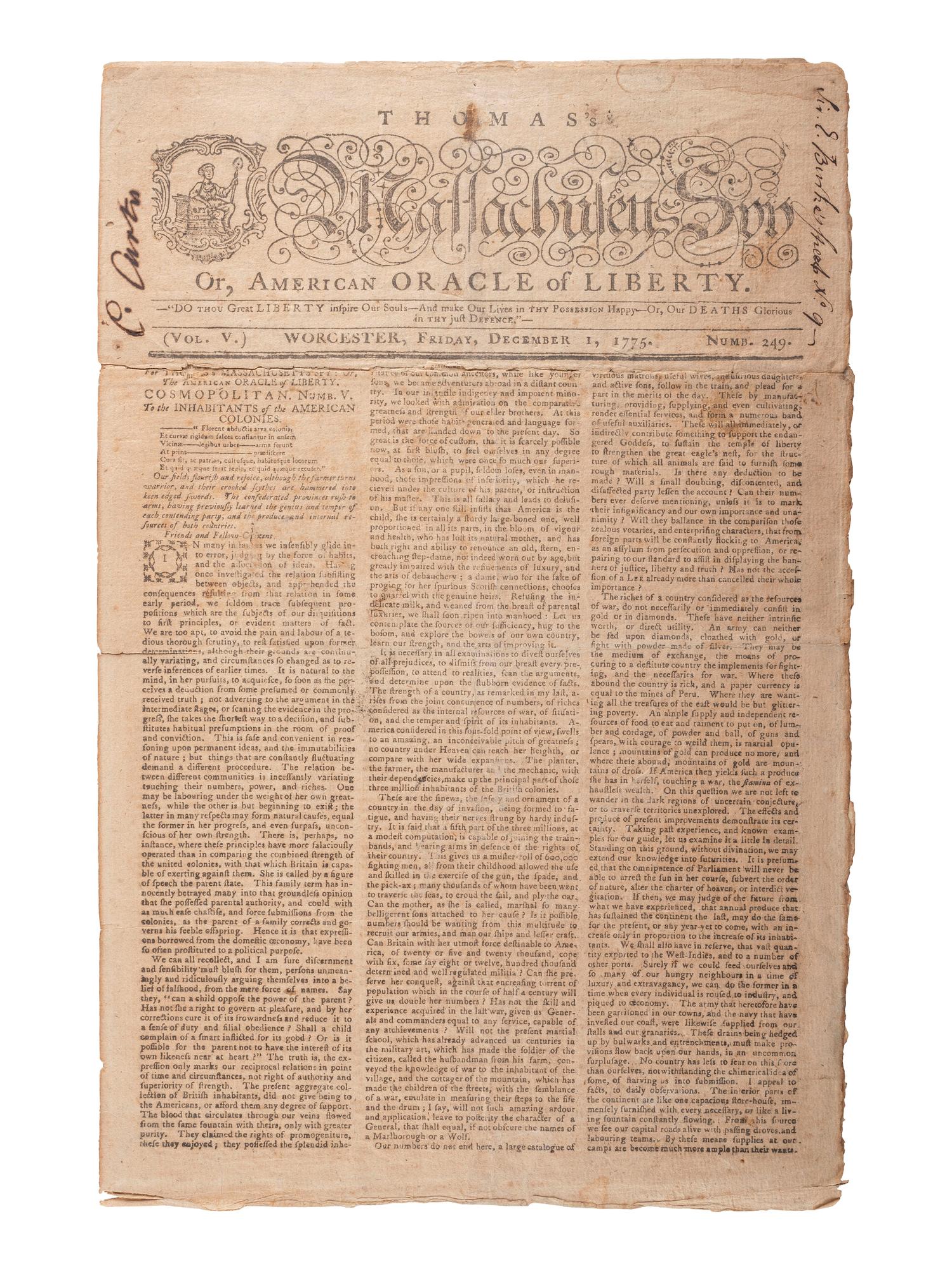 [REVOLUTIONARY WAR]. Thomas' Massachusetts Spy . Vol. V, No. 249. Worcester, MA, 1 December 1775.