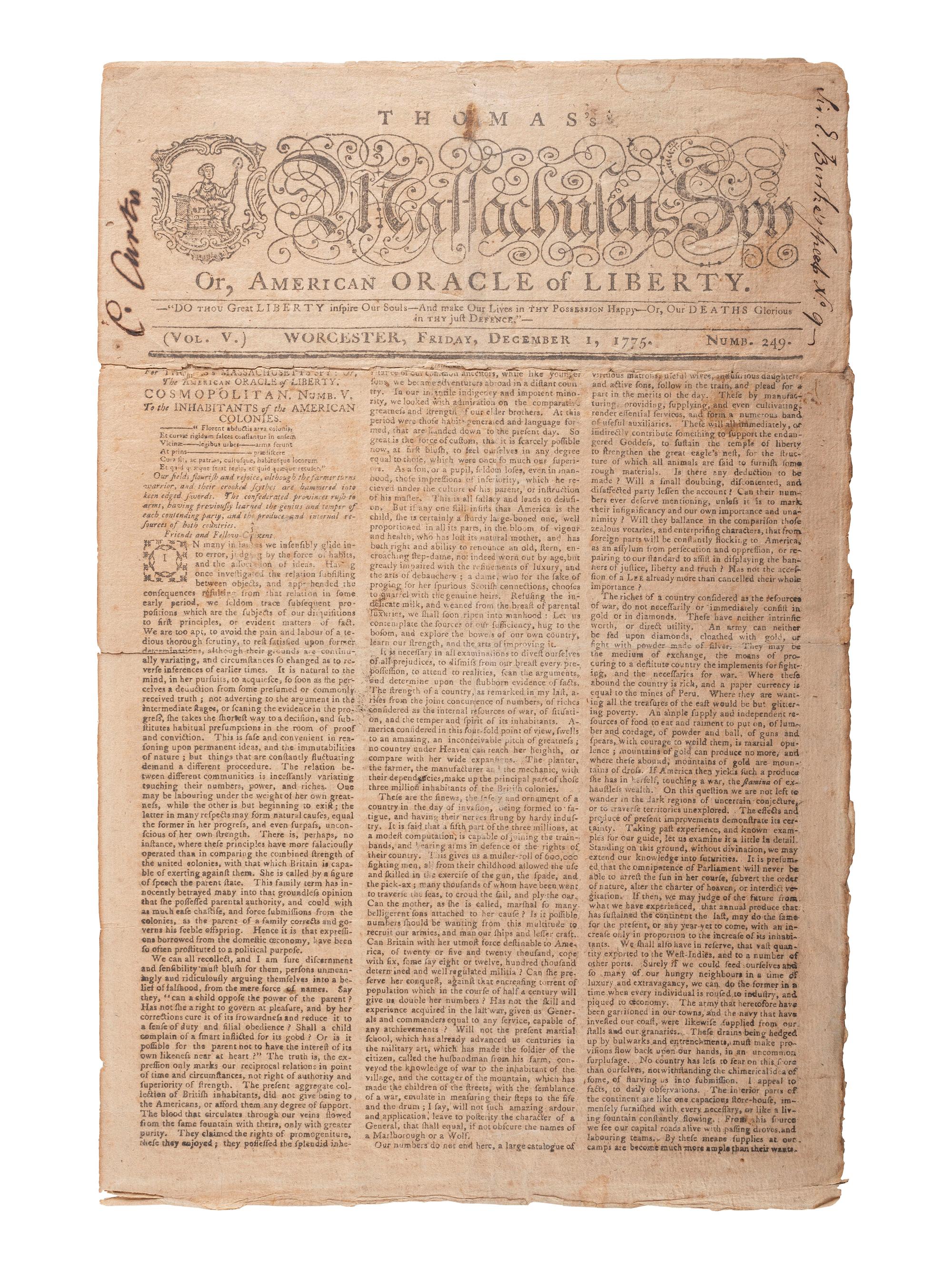 [REVOLUTIONARY WAR]. Thomas' Massachusetts Spy . Vol. V, No. 249. Worcester, MA, 1 December 1775.