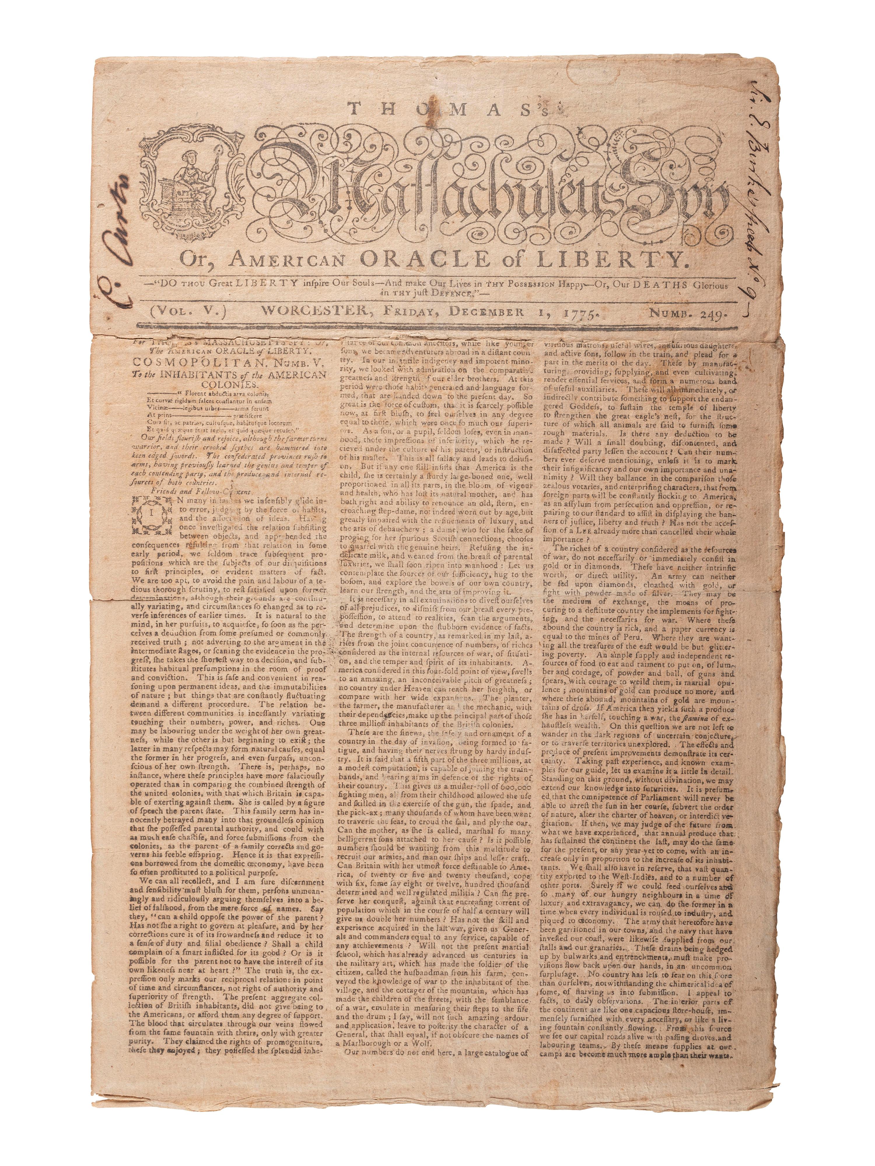 [REVOLUTIONARY WAR]. Thomas' Massachusetts Spy . Vol. V, No. 249. Worcester, MA, 1 December 1775.