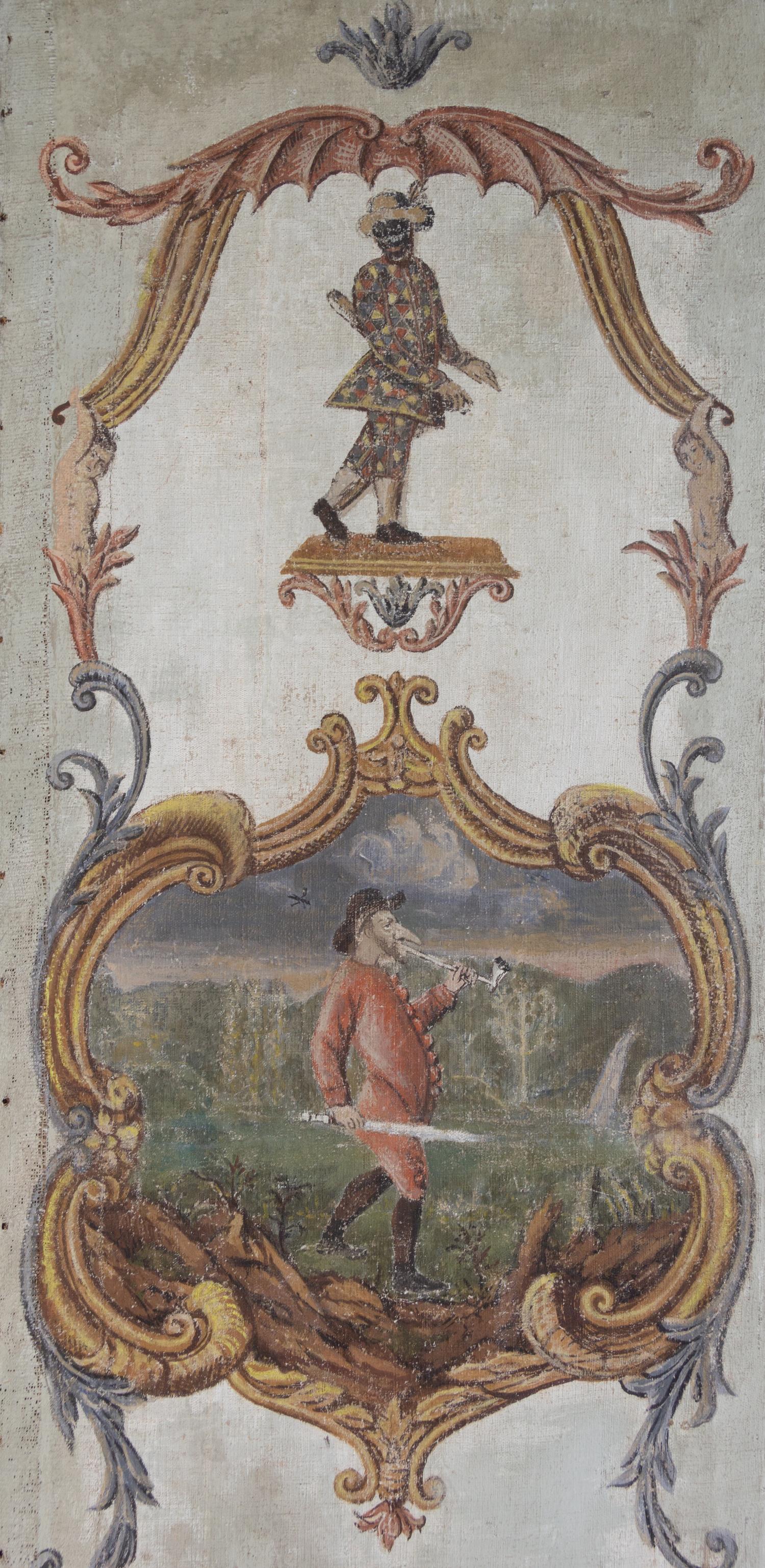 A Northern Italian Painted Canvas Six-Panel Floor Screen with Figures from the Commedia dell'Arte