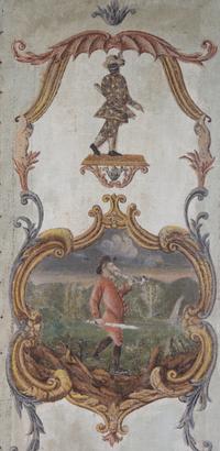 A Northern Italian Painted Canvas Six-Panel Floor Screen with Figures from the Commedia dell'Arte