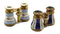 Two Pairs of French Enameled Opera Glasses, Width of first 4 1/8 inches.