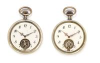 A Pair of Silver and Mother-of-Pearl Cased Open Face Pocket Watches, 75.90 dwts.