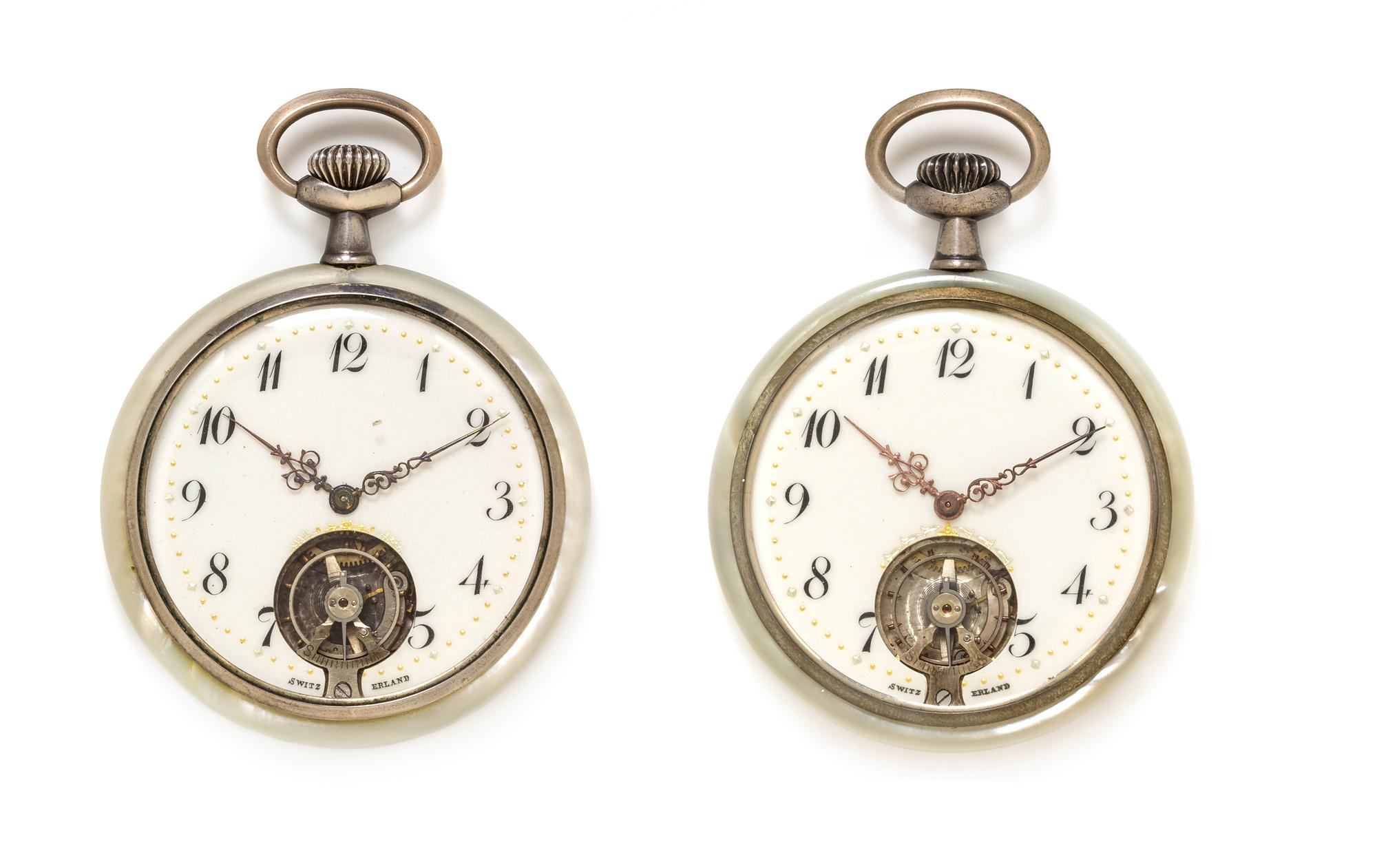 A Pair of Silver and Mother-of-Pearl Cased Open Face Pocket Watches, 75.90 dwts.