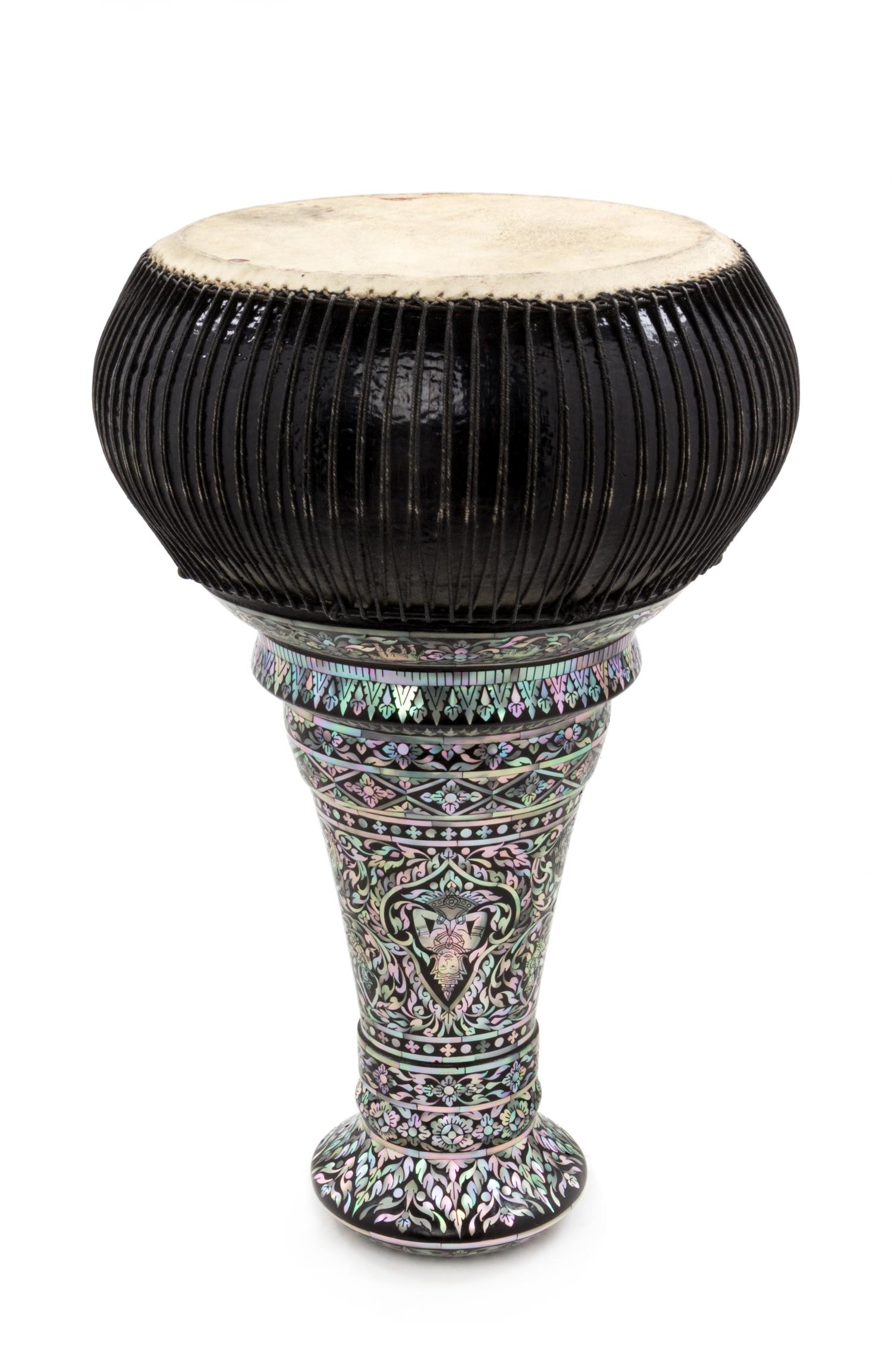 A Thai Mother-of-Pearl Inlaid Lacquer Goblet Drum Height 15 inches. — EARLY 20TH CENTURY