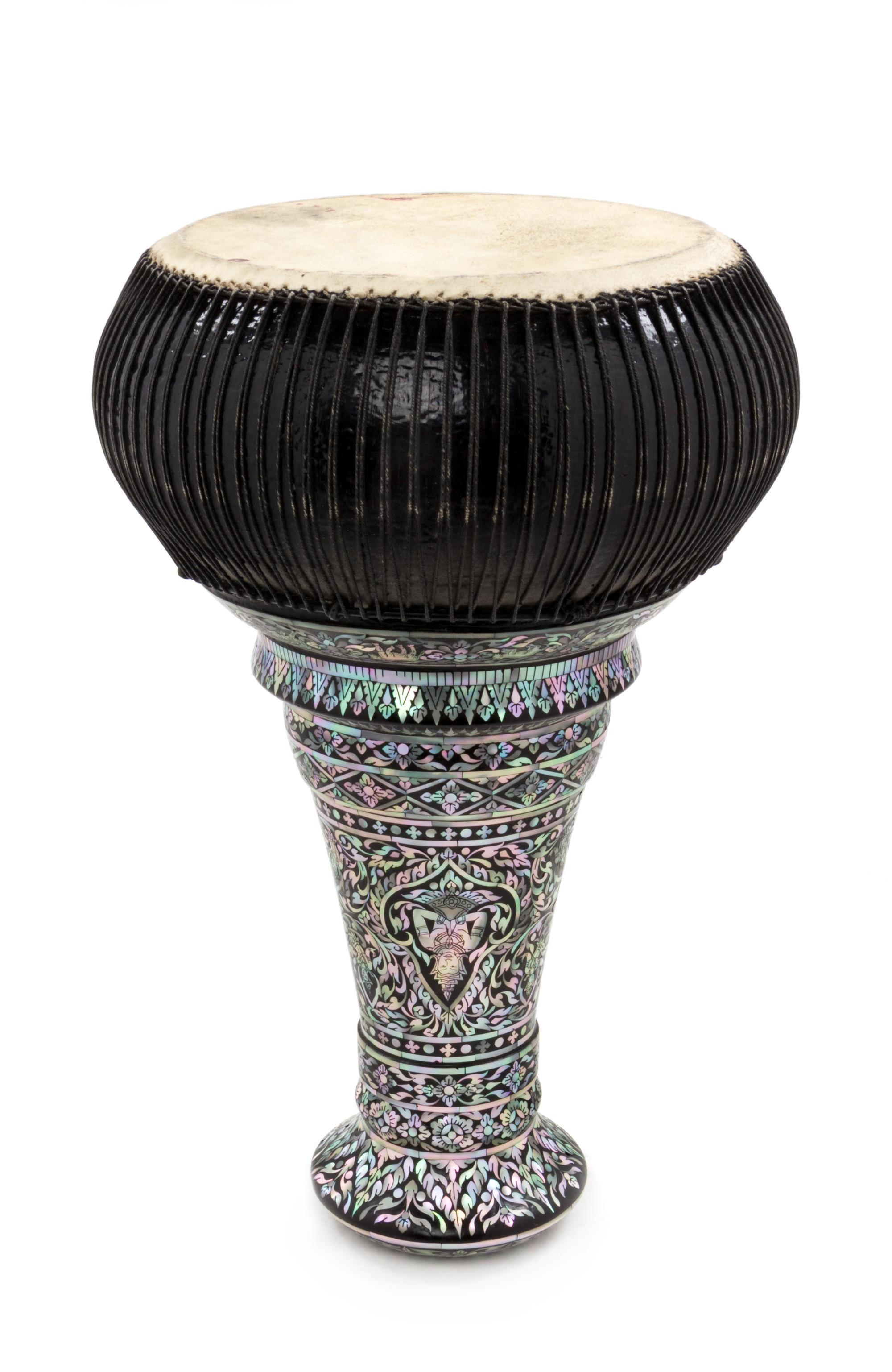 A Thai Mother-of-Pearl Inlaid Lacquer Goblet Drum Height 15 inches. — EARLY 20TH CENTURY