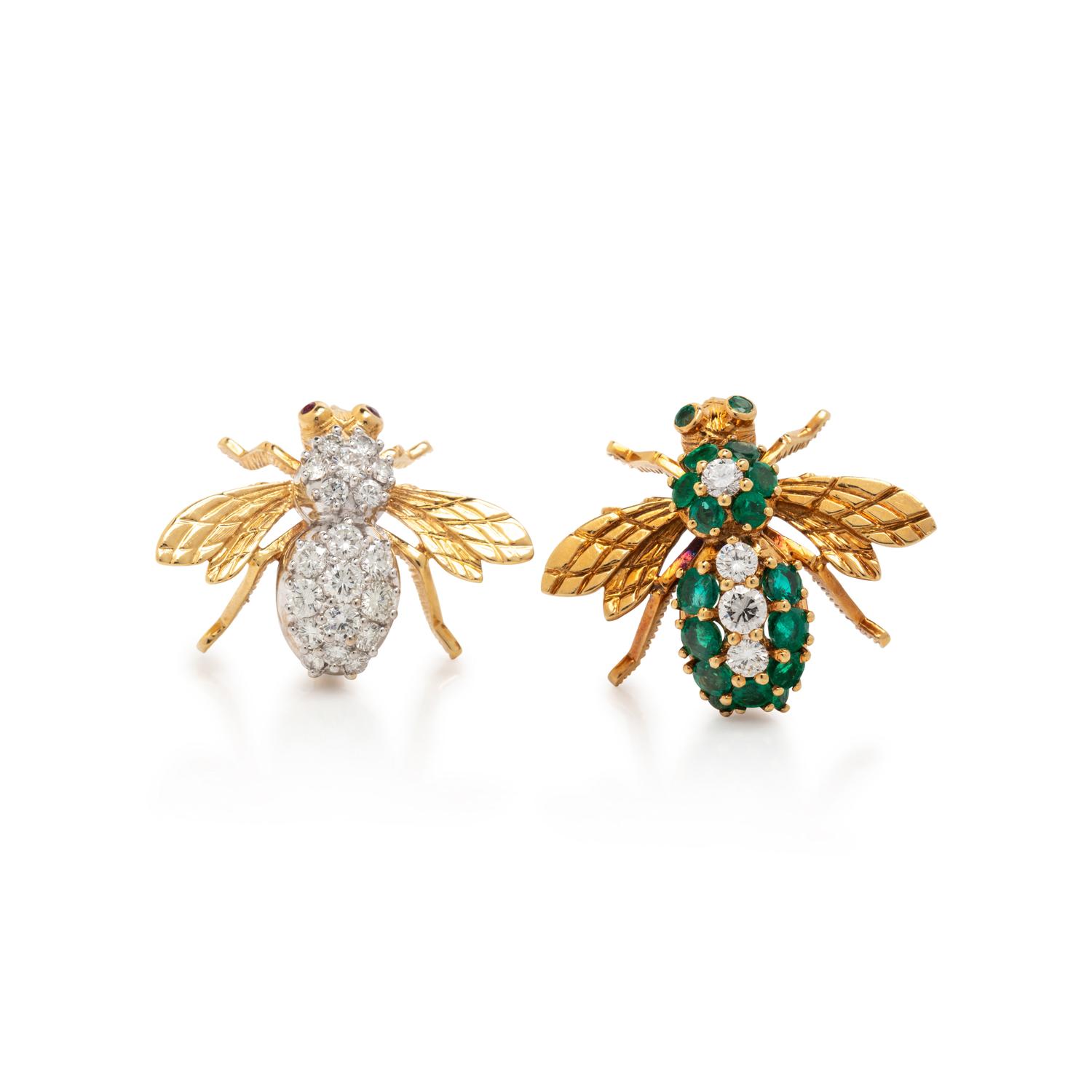 COLLECTION OF YELLOW GOLD AND MULTIGEM BEE BROOCHES