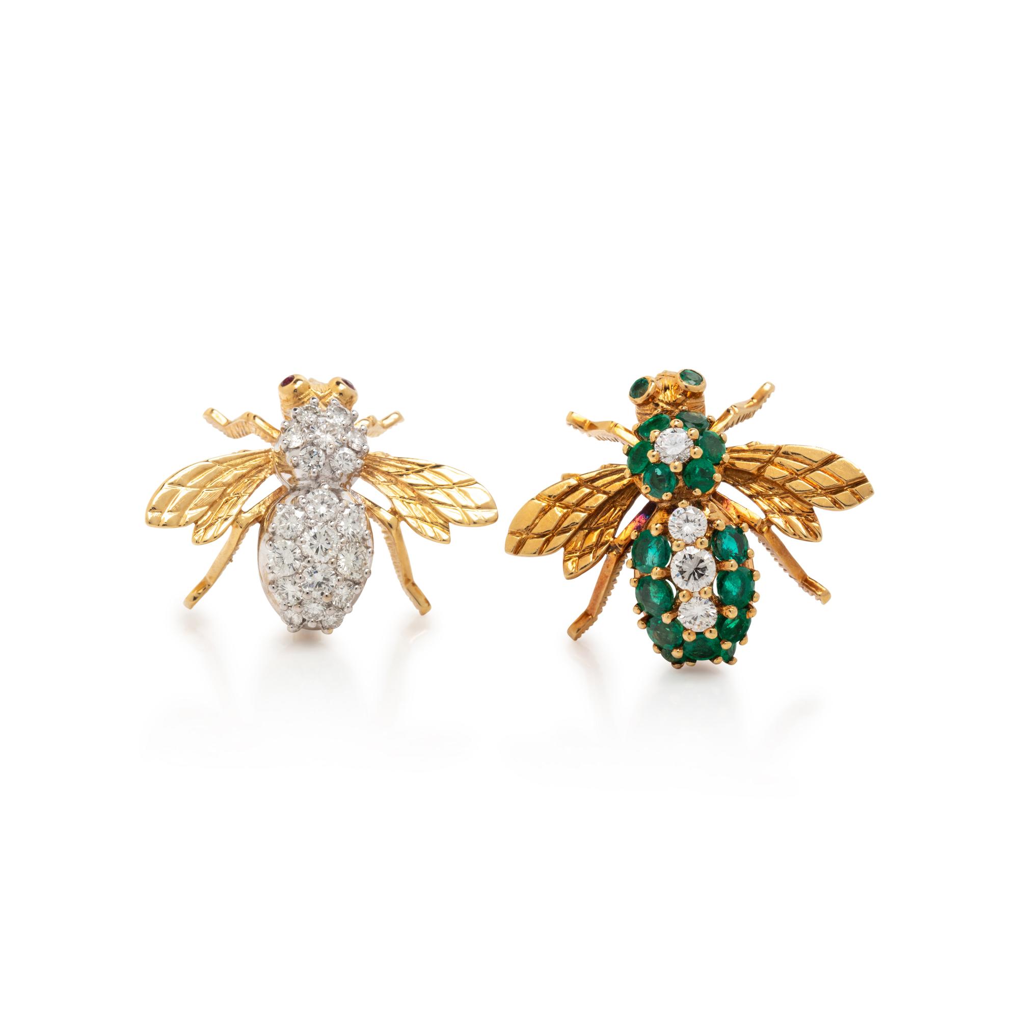 COLLECTION OF YELLOW GOLD AND MULTIGEM BEE BROOCHES