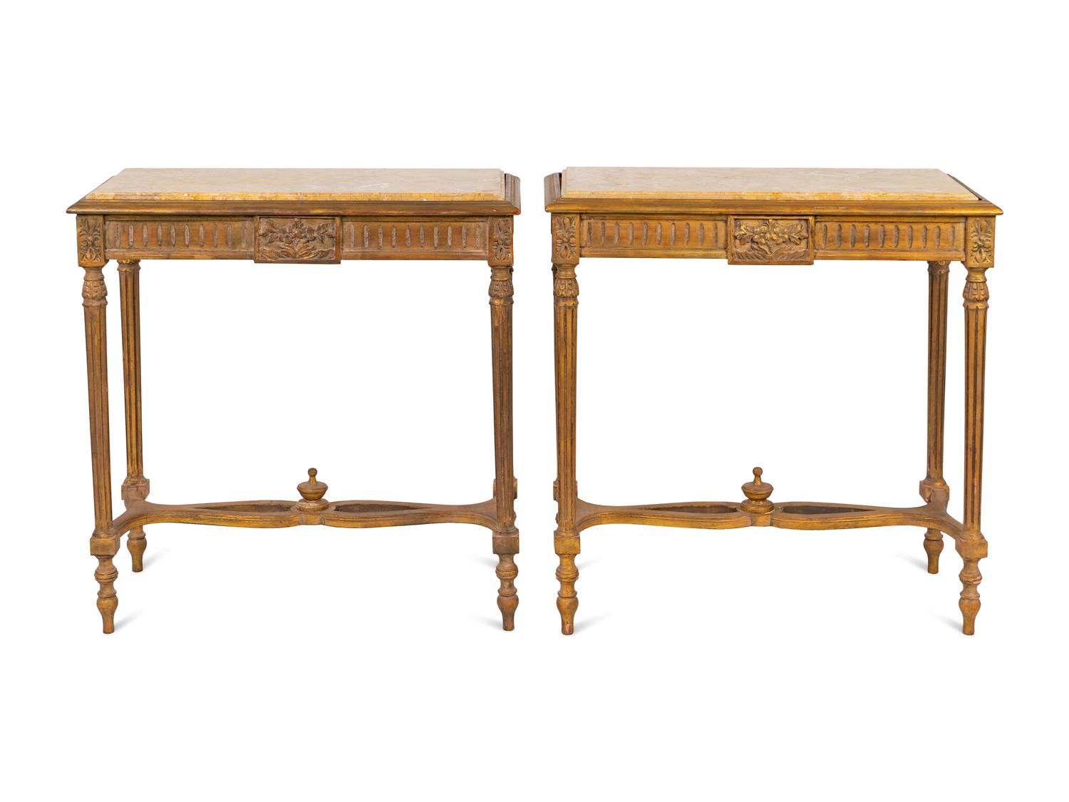 A Pair of Louis XVI Style Painted and Parcel Gilt Console Tables — EARLY 20TH CENTURY