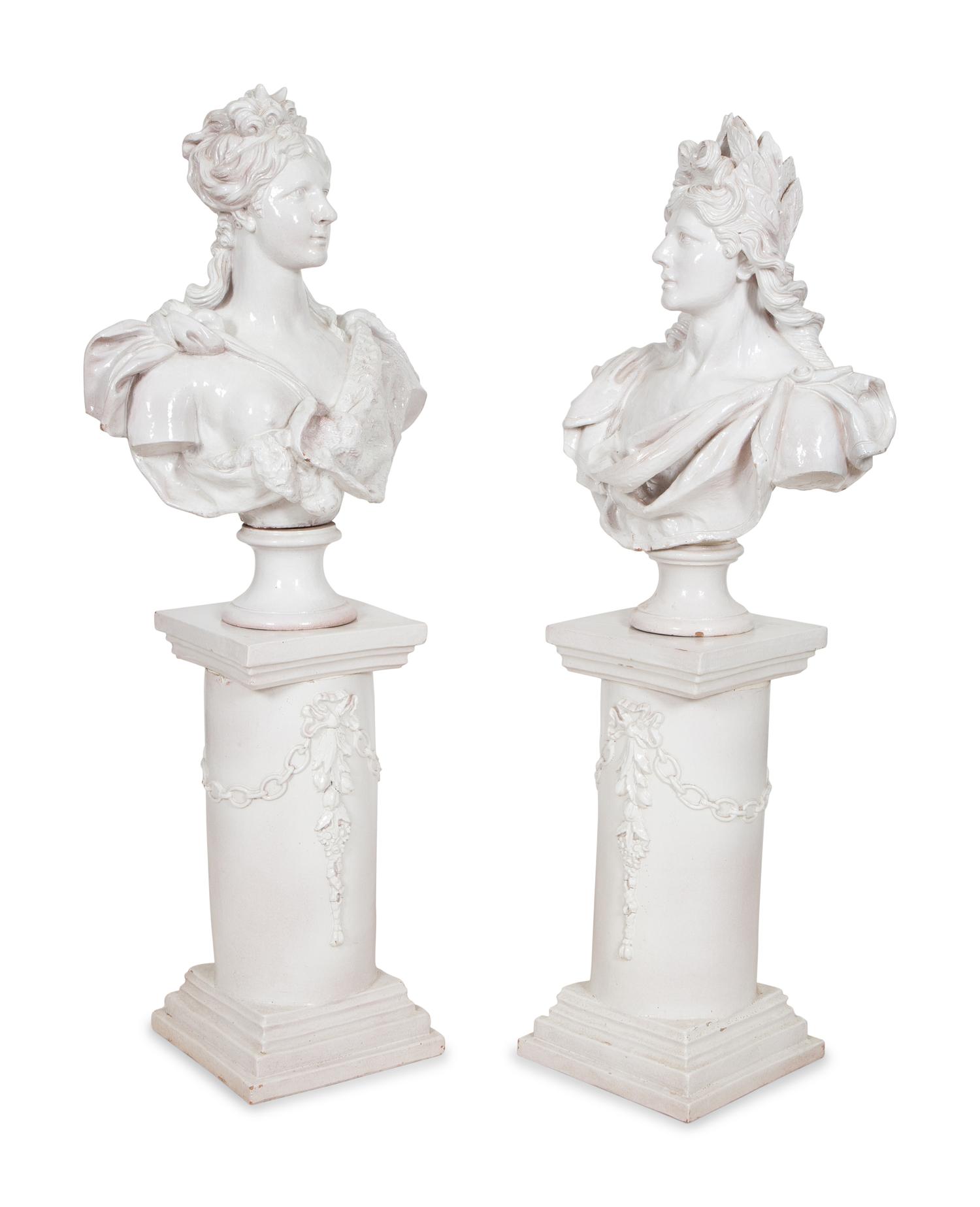 A Pair of Italian Glazed Terracotta Portrait Busts on Neoclassical Style Pedestals