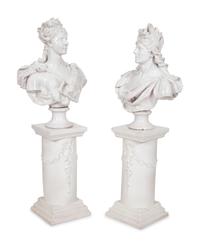 A Pair of Italian Glazed Terracotta Portrait Busts on Neoclassical Style Pedestals