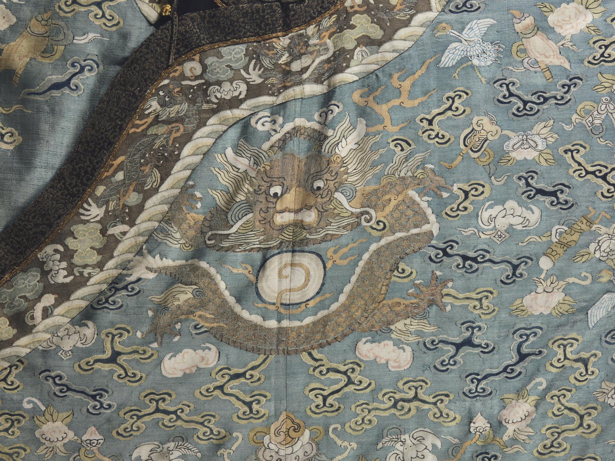 A Chinese Blue Ground Kesi Silk Dragon Robe, Jifu, 19th Century 清晚期 藍地緙絲云龍紋吉服