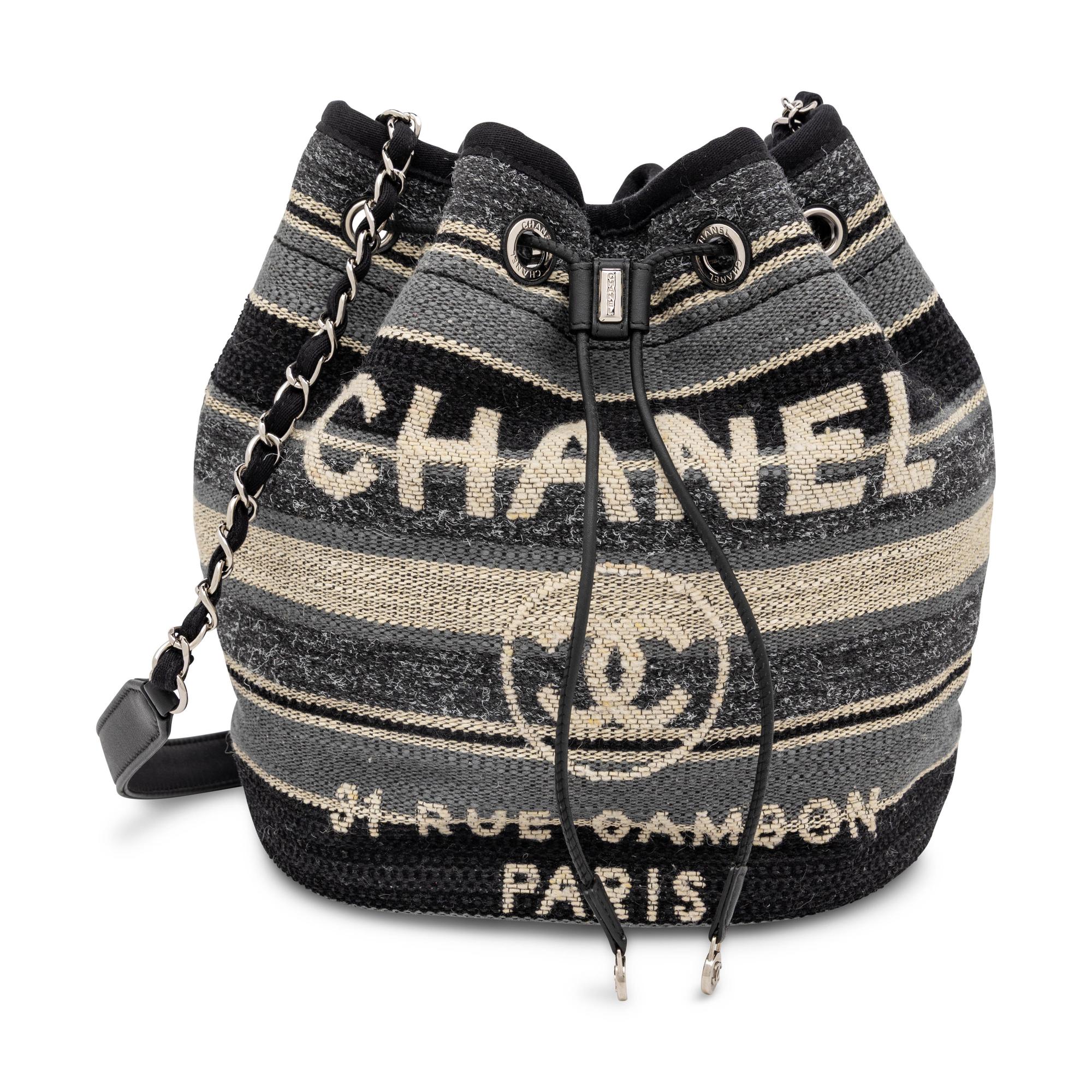 Chanel, Deauville Drawstring Bucket Bag in Striped Woven Canvas