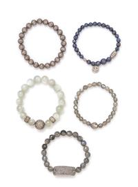 A Collection of Silver, Diamond and Gemstone Bead Bracelets, 61.00 dwts.