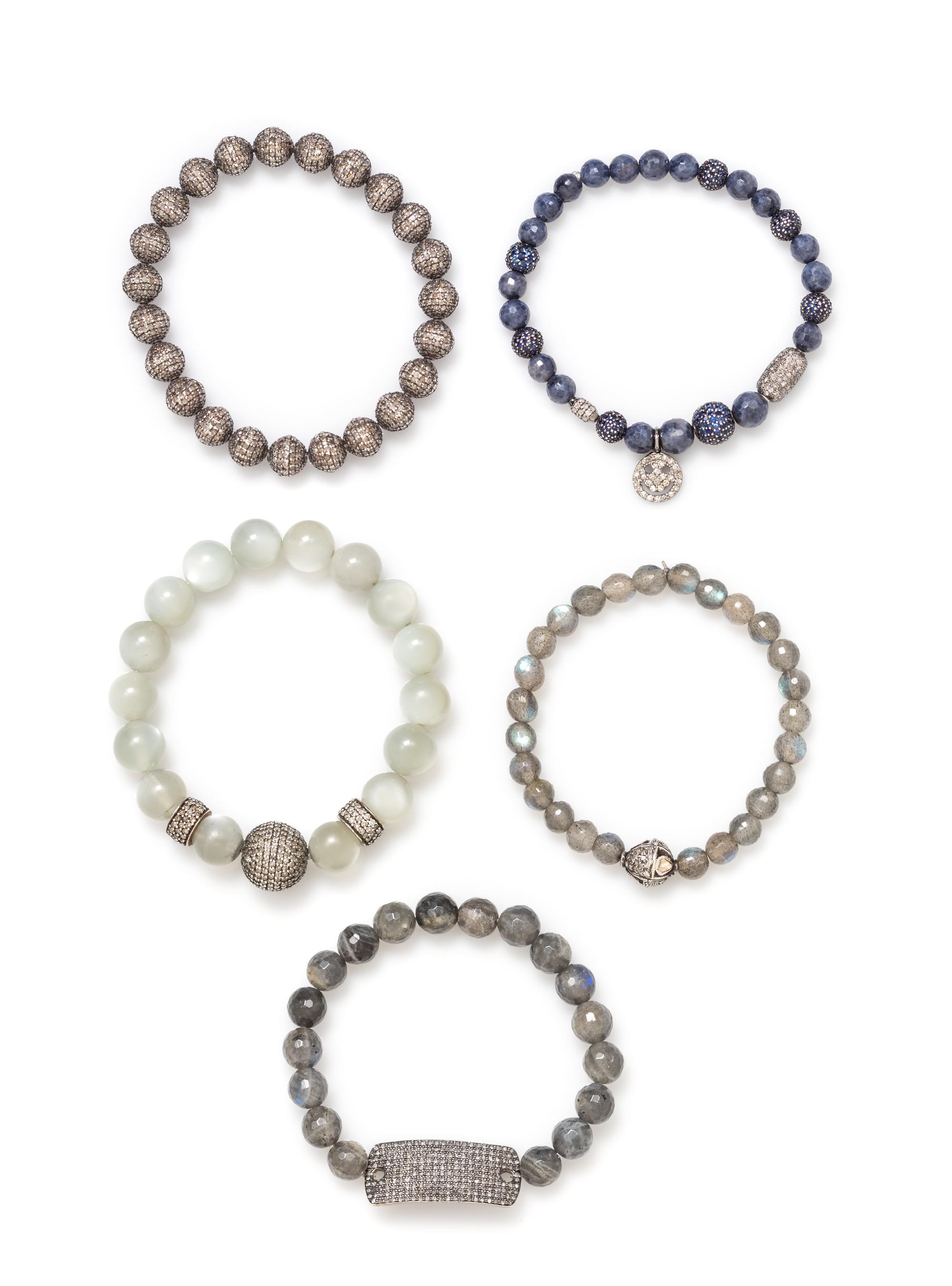 A Collection of Silver, Diamond and Gemstone Bead Bracelets, 61.00 dwts.