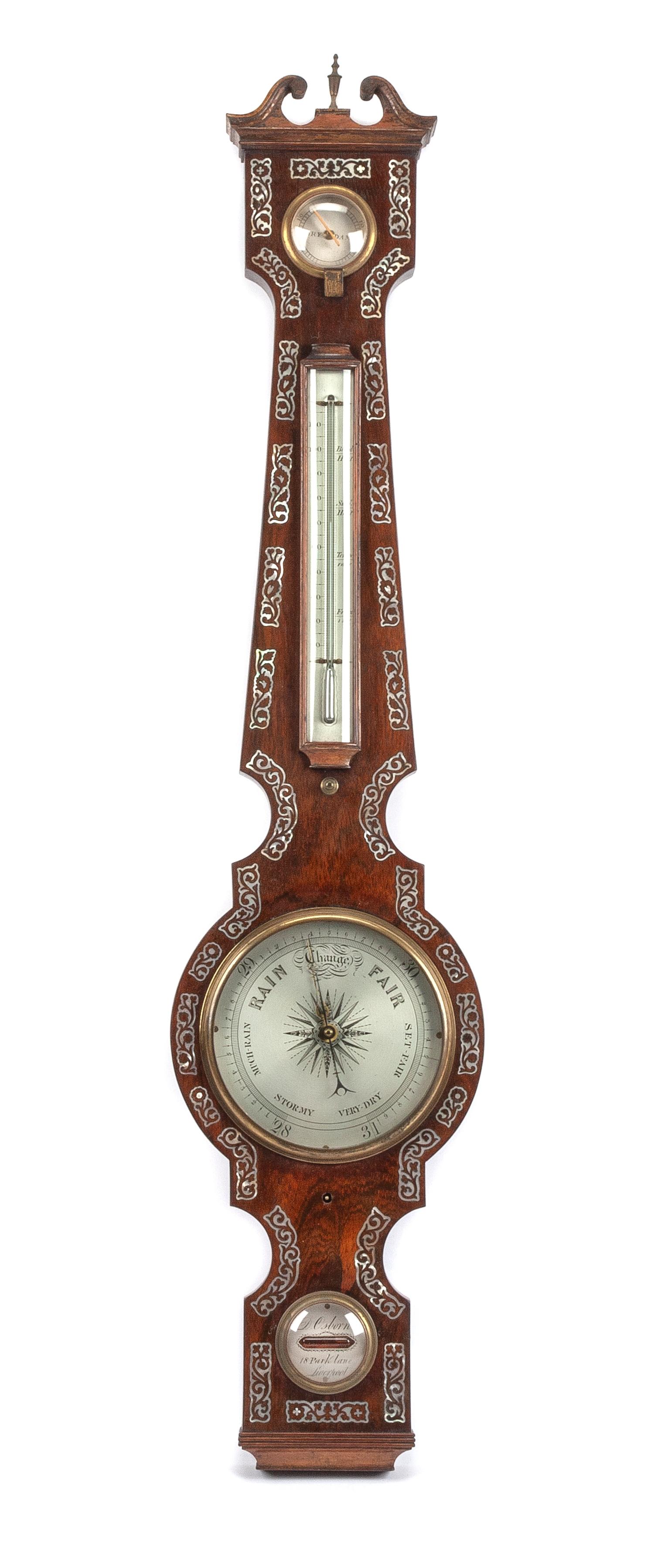 An English Mother-of-Pearl Inlaid Rosewood Barometer Height 37 1/2 inches. — 19TH CENTURY