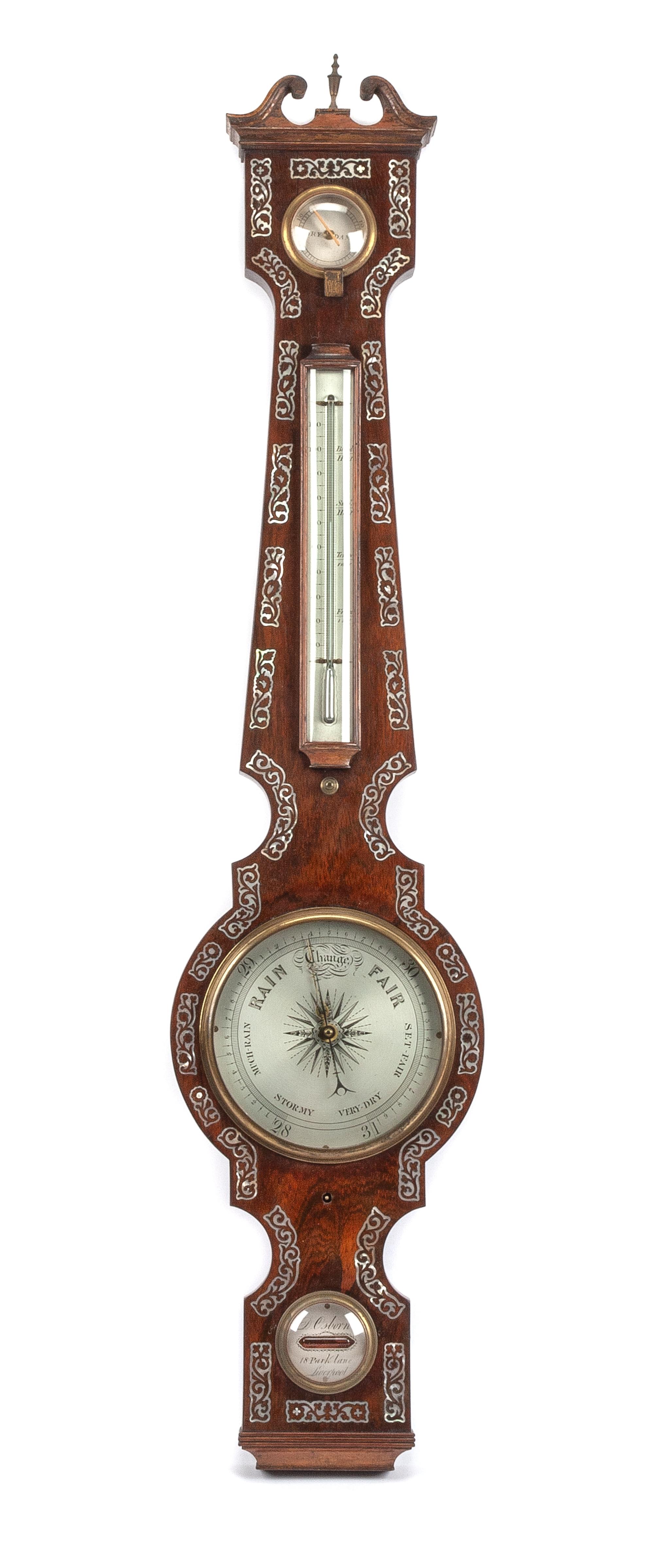 An English Mother-of-Pearl Inlaid Rosewood Barometer Height 37 1/2 inches. — 19TH CENTURY