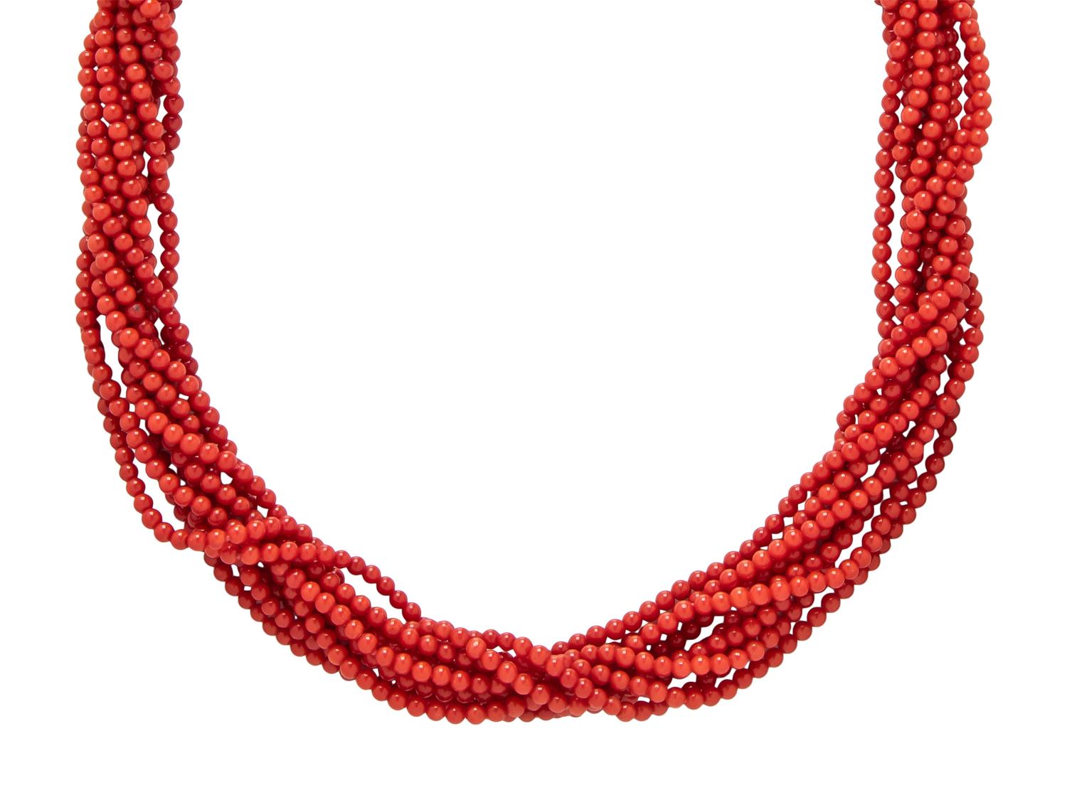 YELLOW GOLD, CORAL, AND DIAMOND TORSADE NECKLACE