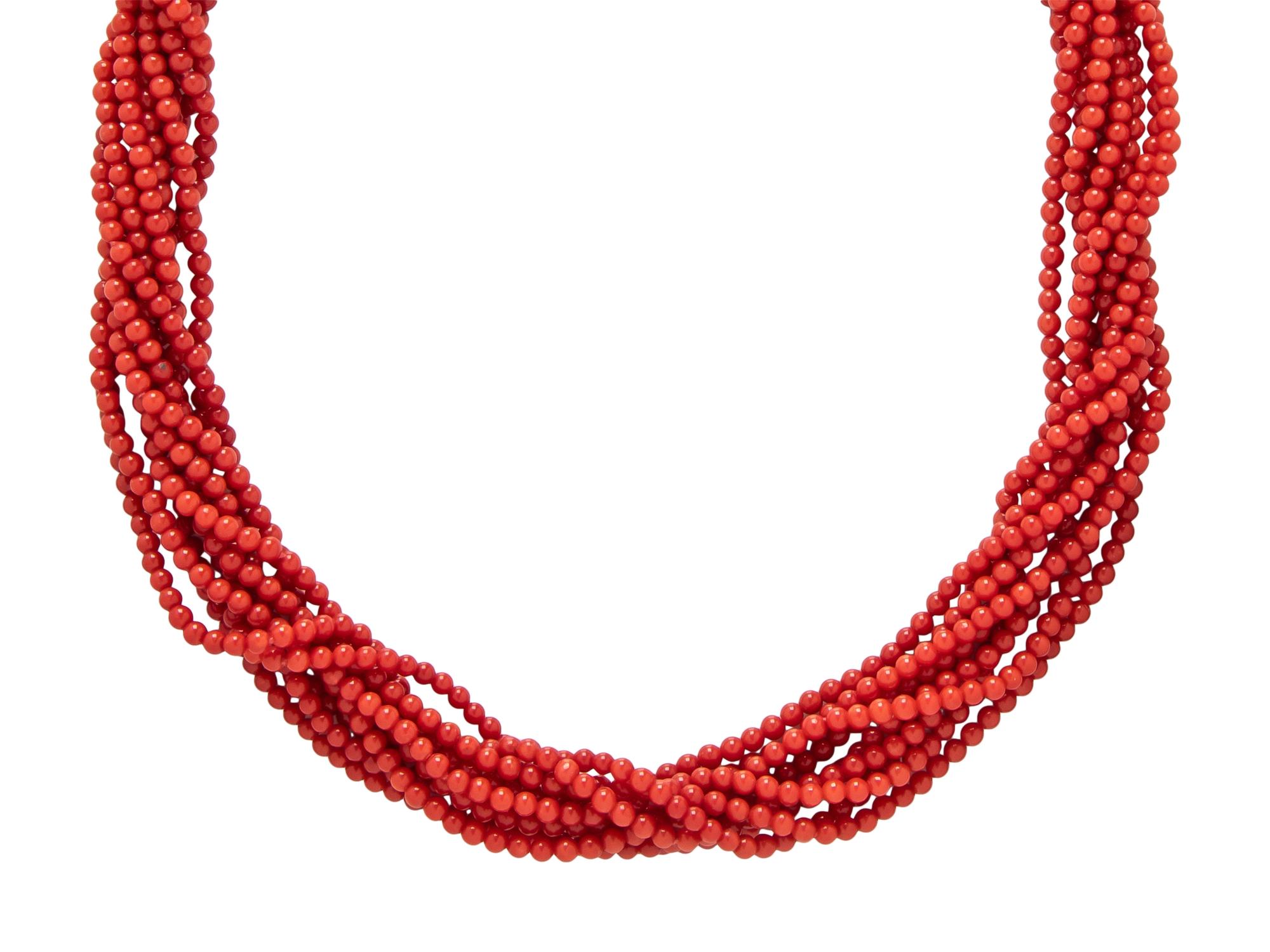 YELLOW GOLD, CORAL, AND DIAMOND TORSADE NECKLACE