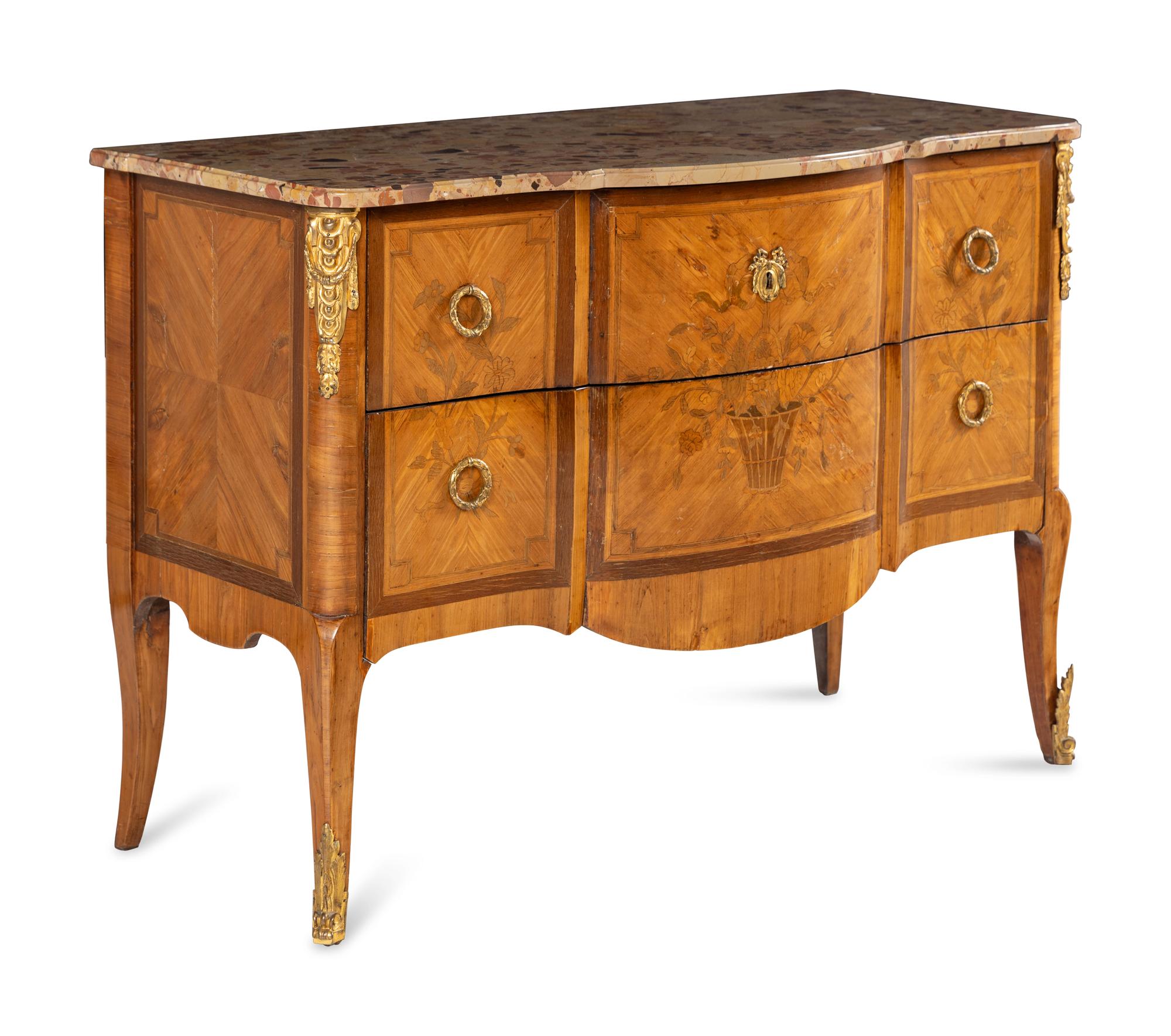 A Louis XV/XVI Transitional Style Marquetry Marble-Top Commode