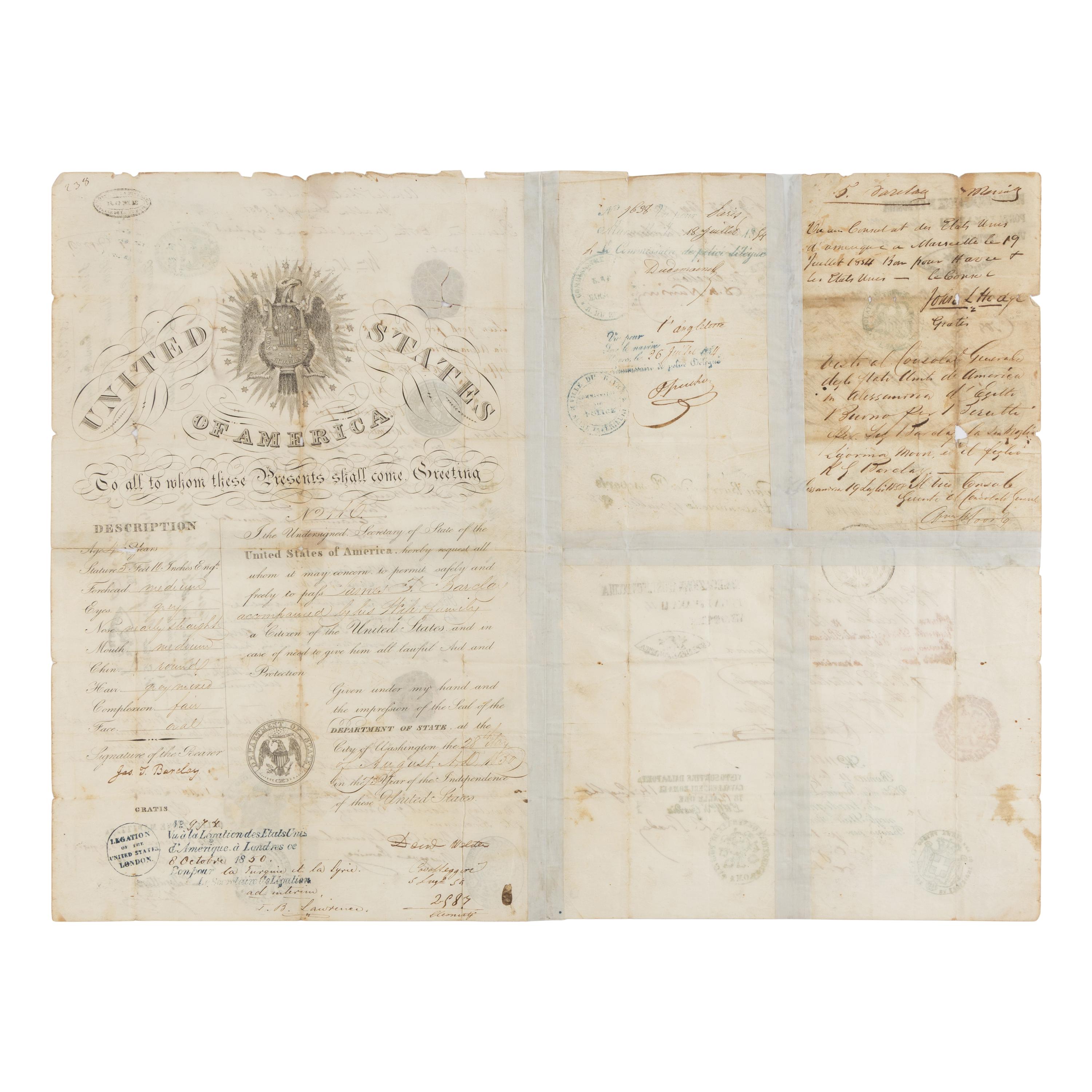 [Barclay, James Turner (1807-1874)]. Partly engraved passport document signed (“J. Turner Barclay”), issued to Barclay and countersigned by Daniel Webster as Secretary of State. Washington, D.C., 8 October 1850.