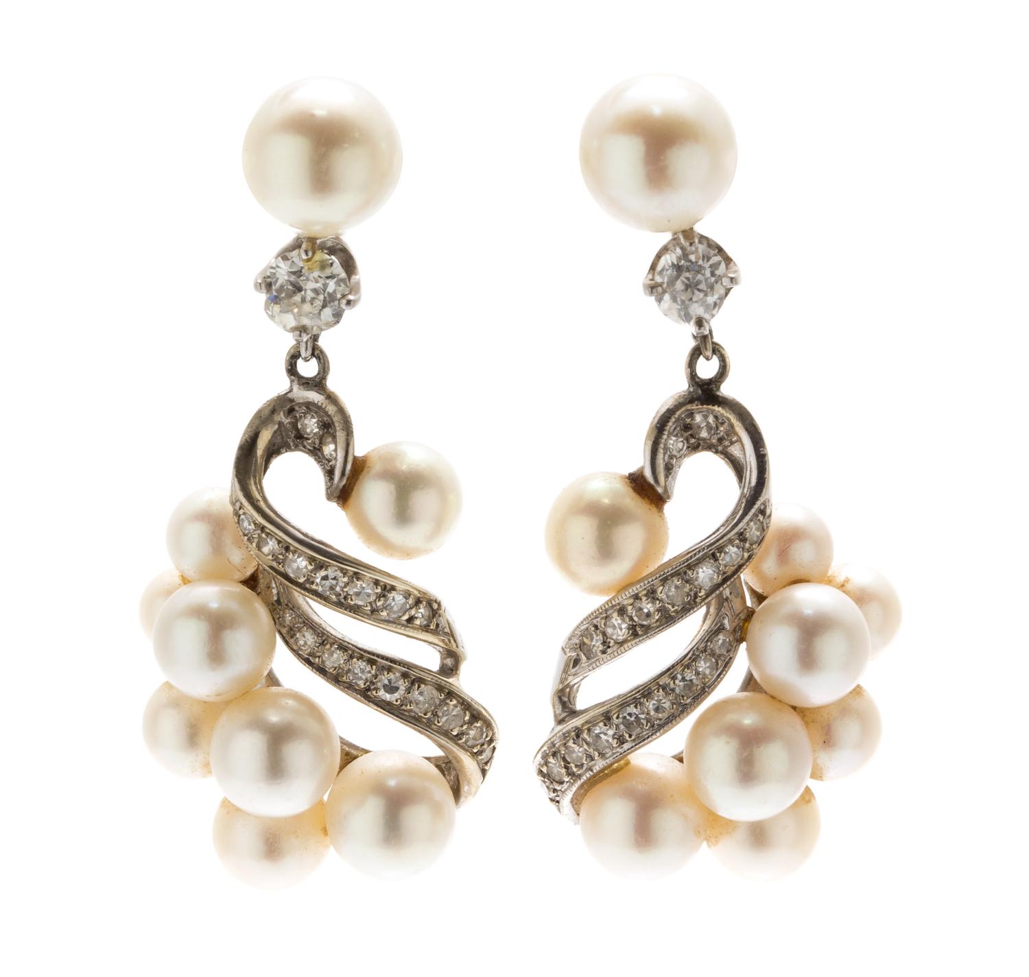A Pair of White Gold, Diamond and Cultured Pearl Earrings, 7.10 dwts.
