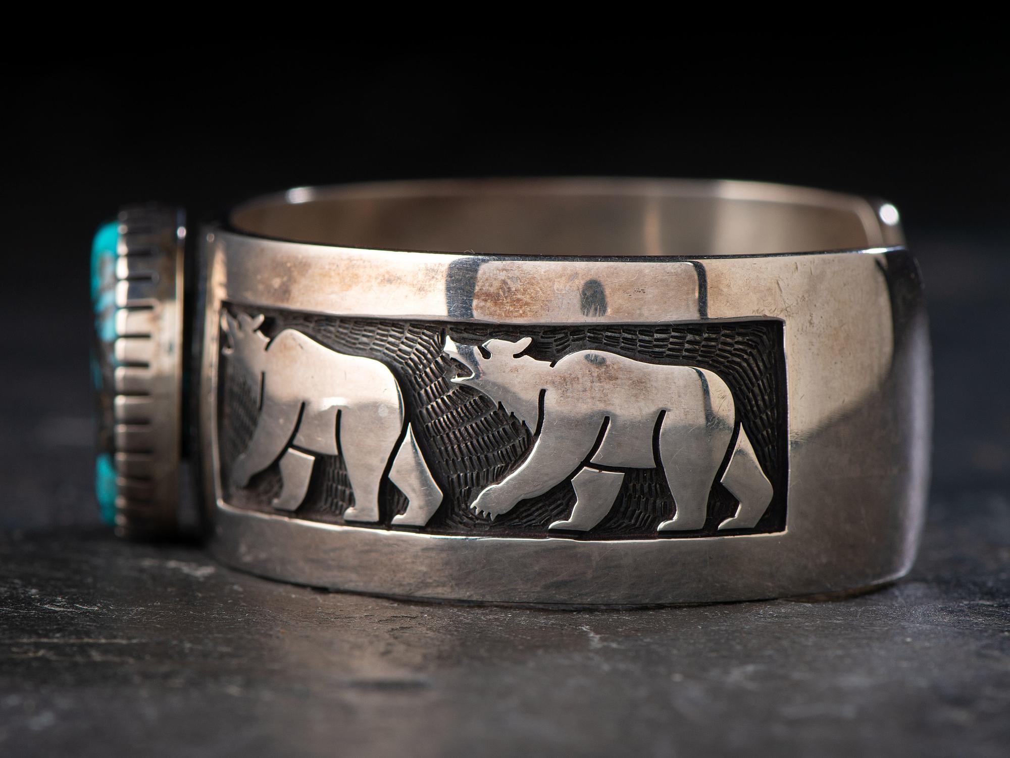 Man's Sterling Silver Bear Cuff Bracelet, with Turquoise