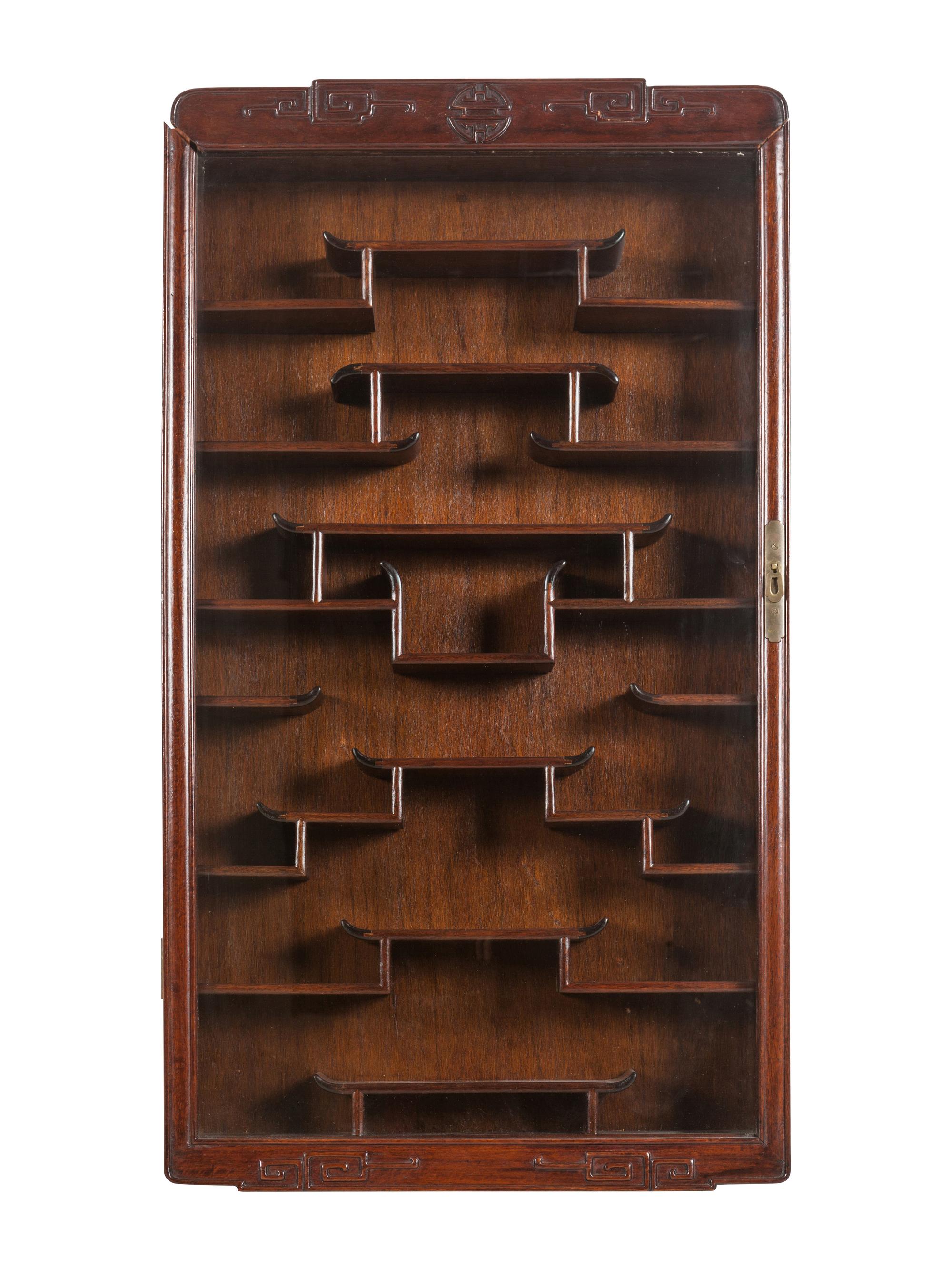 A Pair of Chinese Carved Hardwood Vitrine Cabinets
