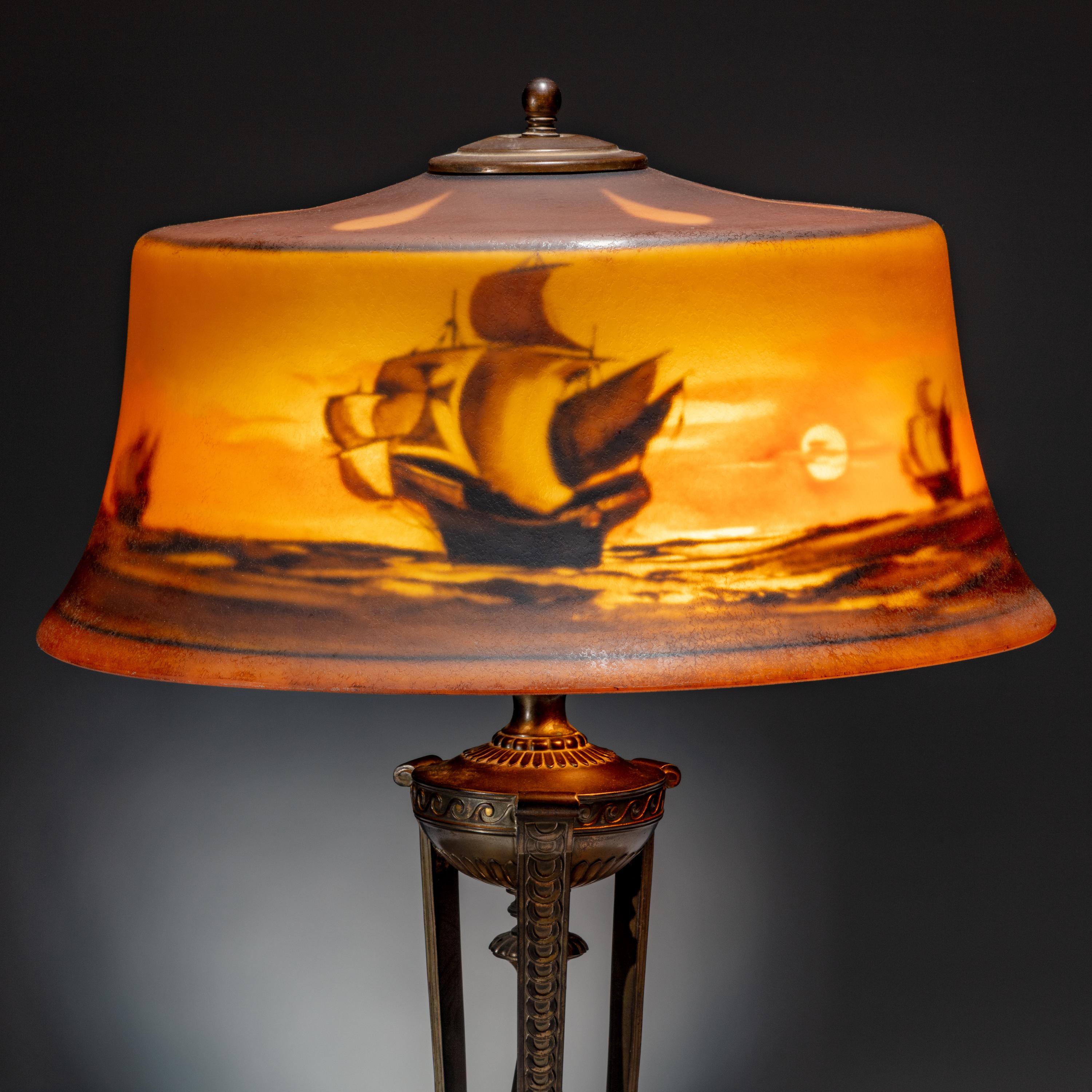 Pairpoint Corporation USA, Early 20th Century — Reverse-Painted Lamp, possibly depicting the Nina, Pinta, and Santa Maria , c. 1915