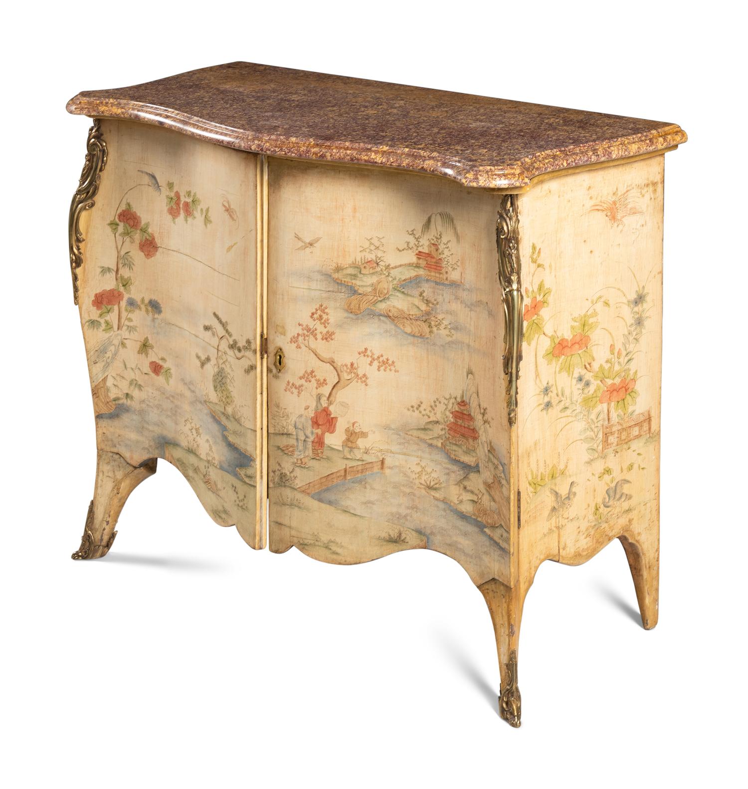 A George III Gilt Bronze Mounted Chinoiserie Painted Marble-Top Commode