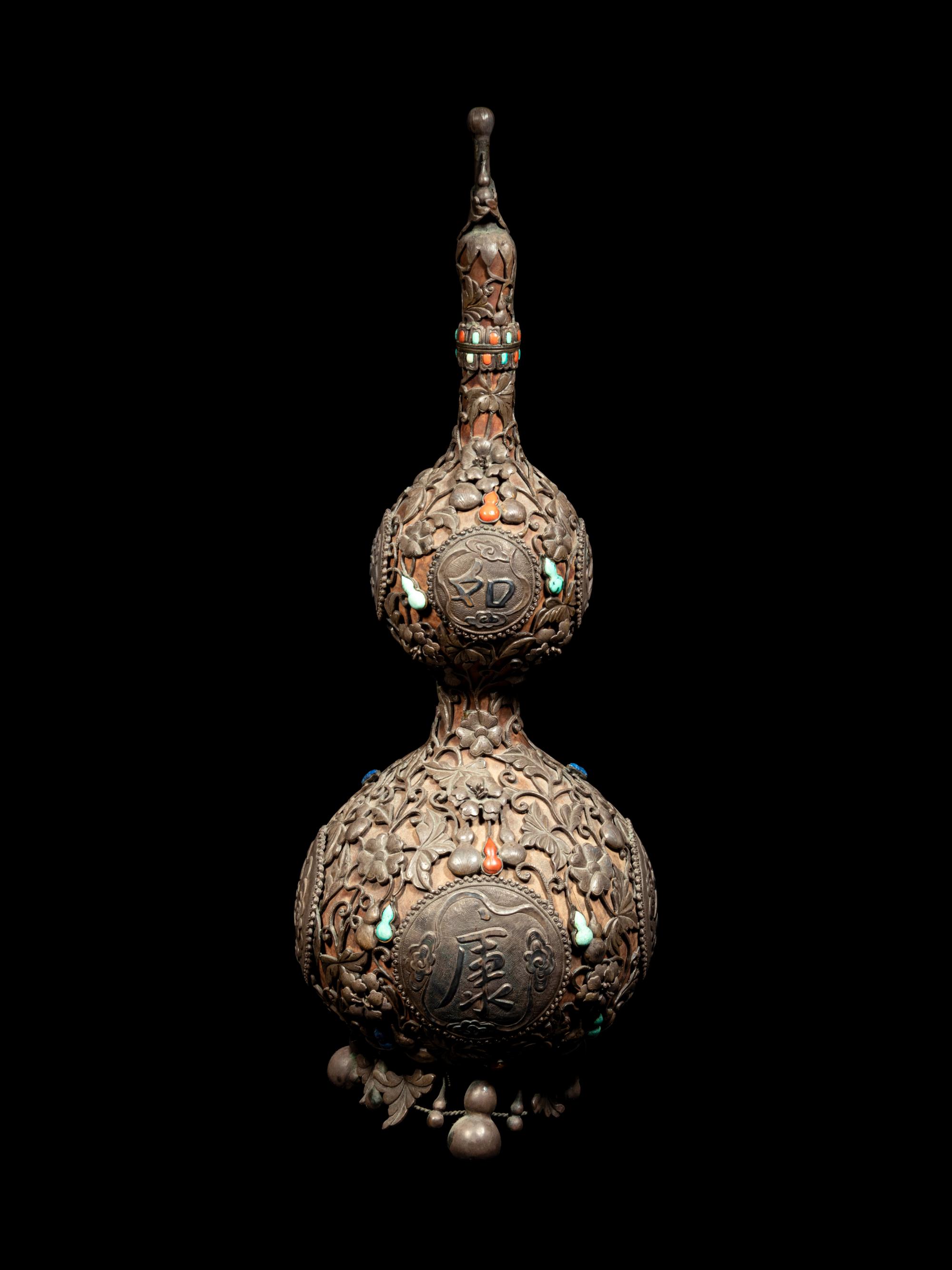 A Chinese Hardstone Inset Metal Mounted Double Gourd Vase and Cover