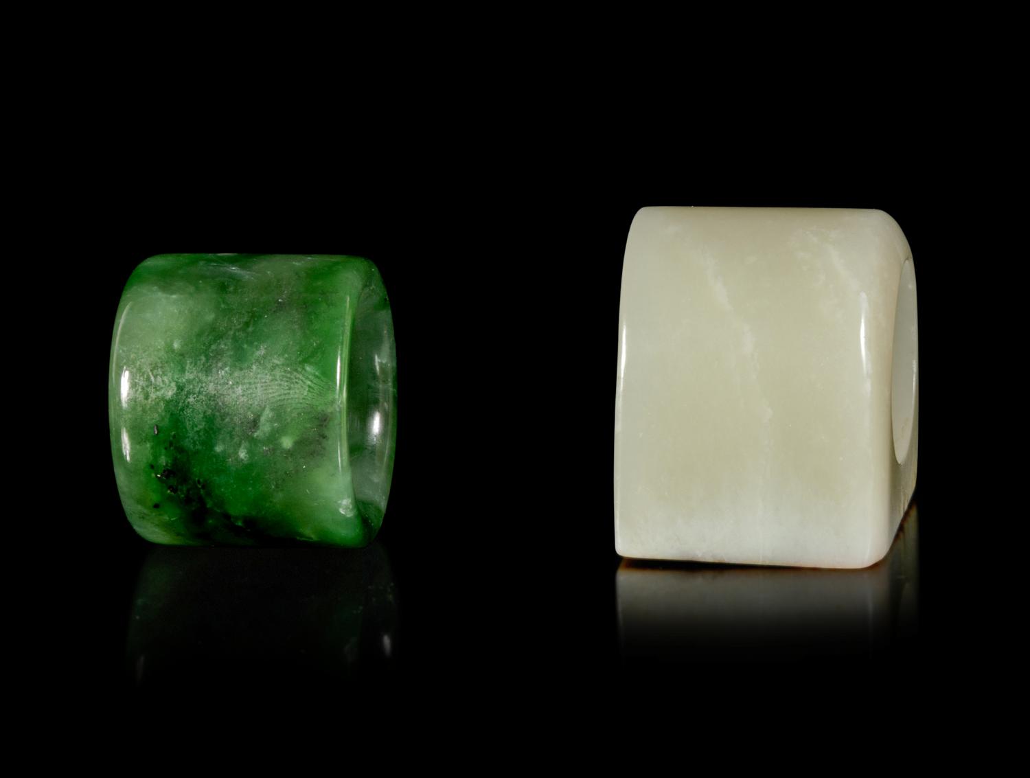 Two Chinese Jade and Hardstone Archer's Rings