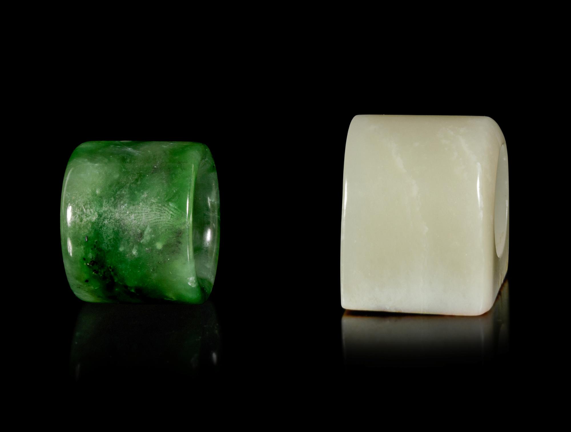 Two Chinese Jade and Hardstone Archer's Rings