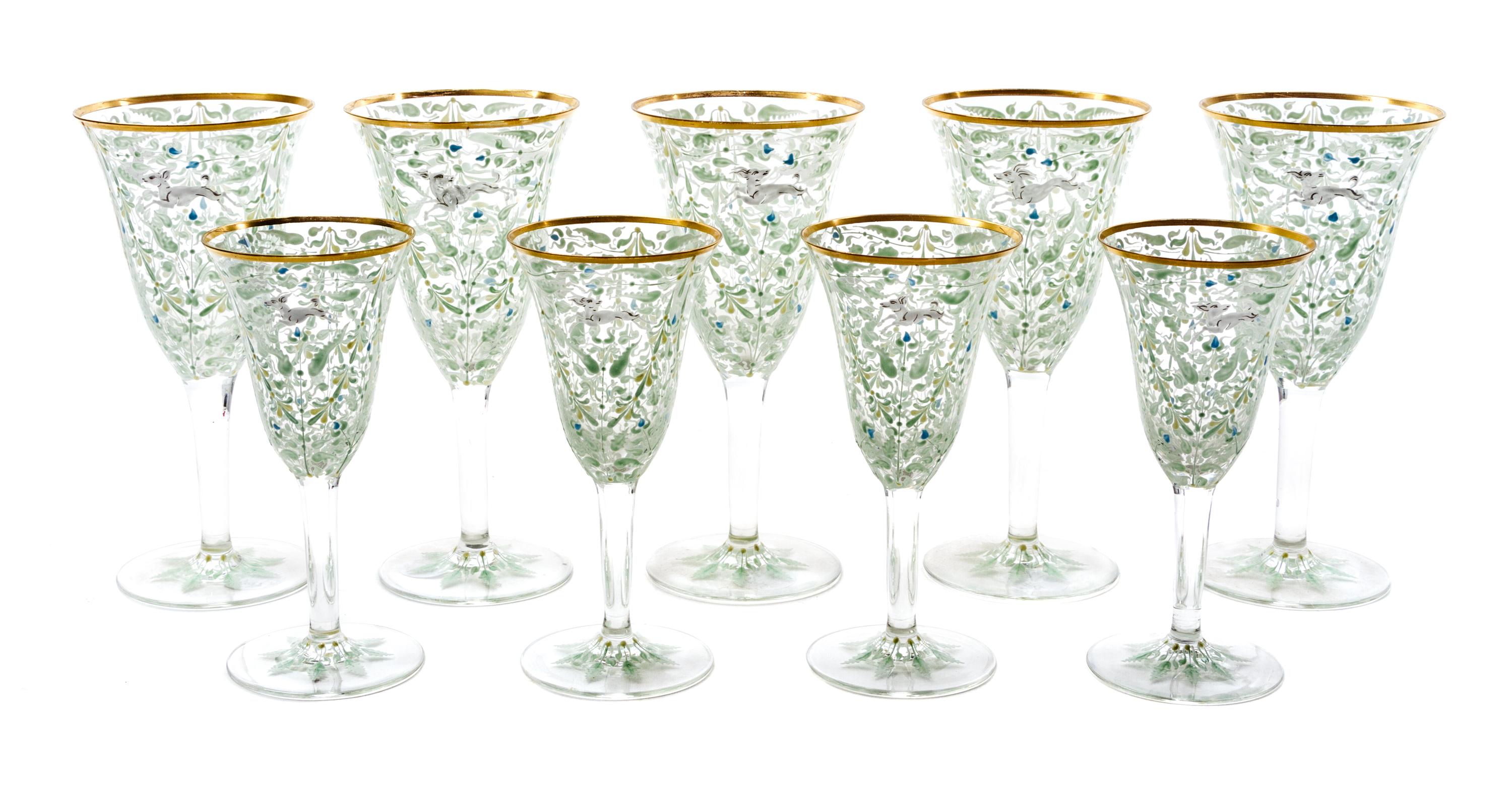 A Set of Enameled Glass Stemware, Height of goblet 7 1/4 inches. — LIKELY MOSER