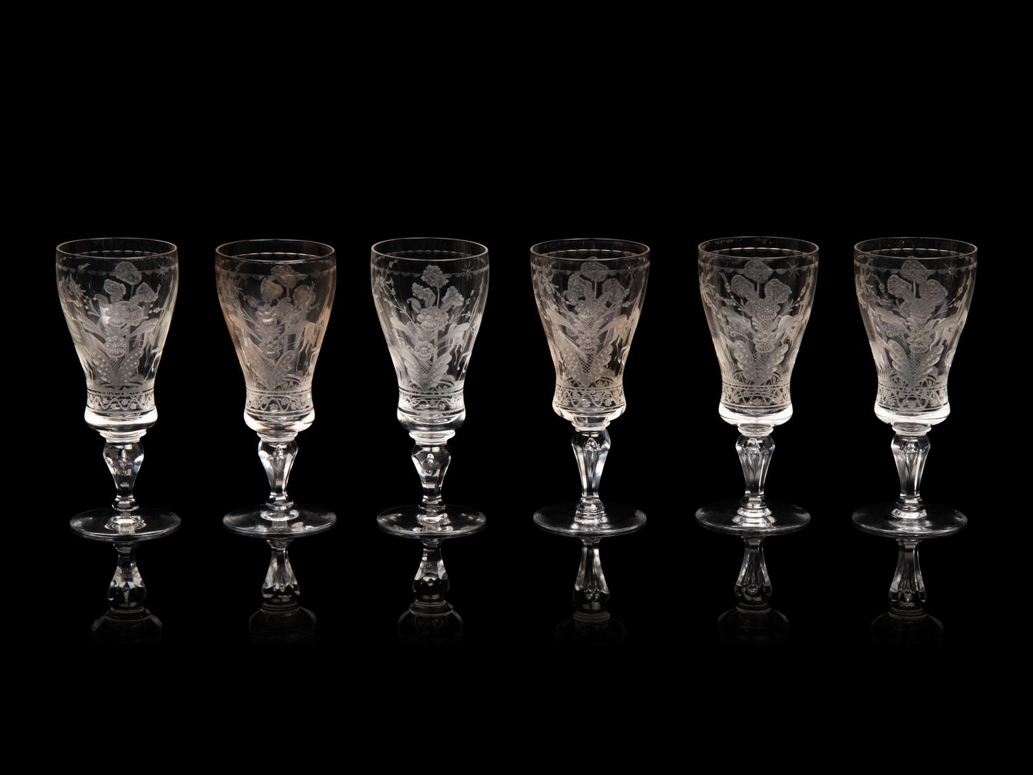 Six Kosta Boda Etched Glass Cordials