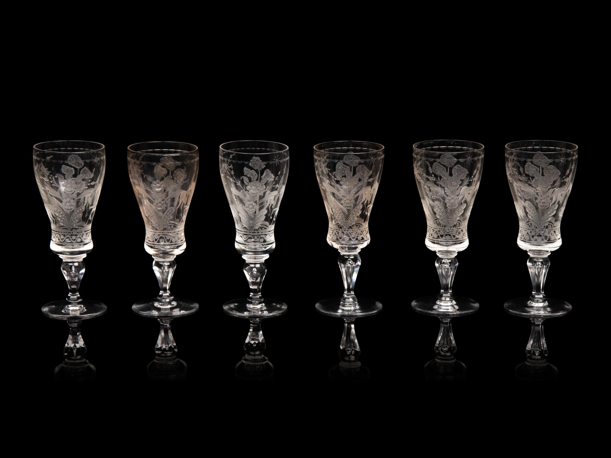 Six Kosta Boda Etched Glass Cordials