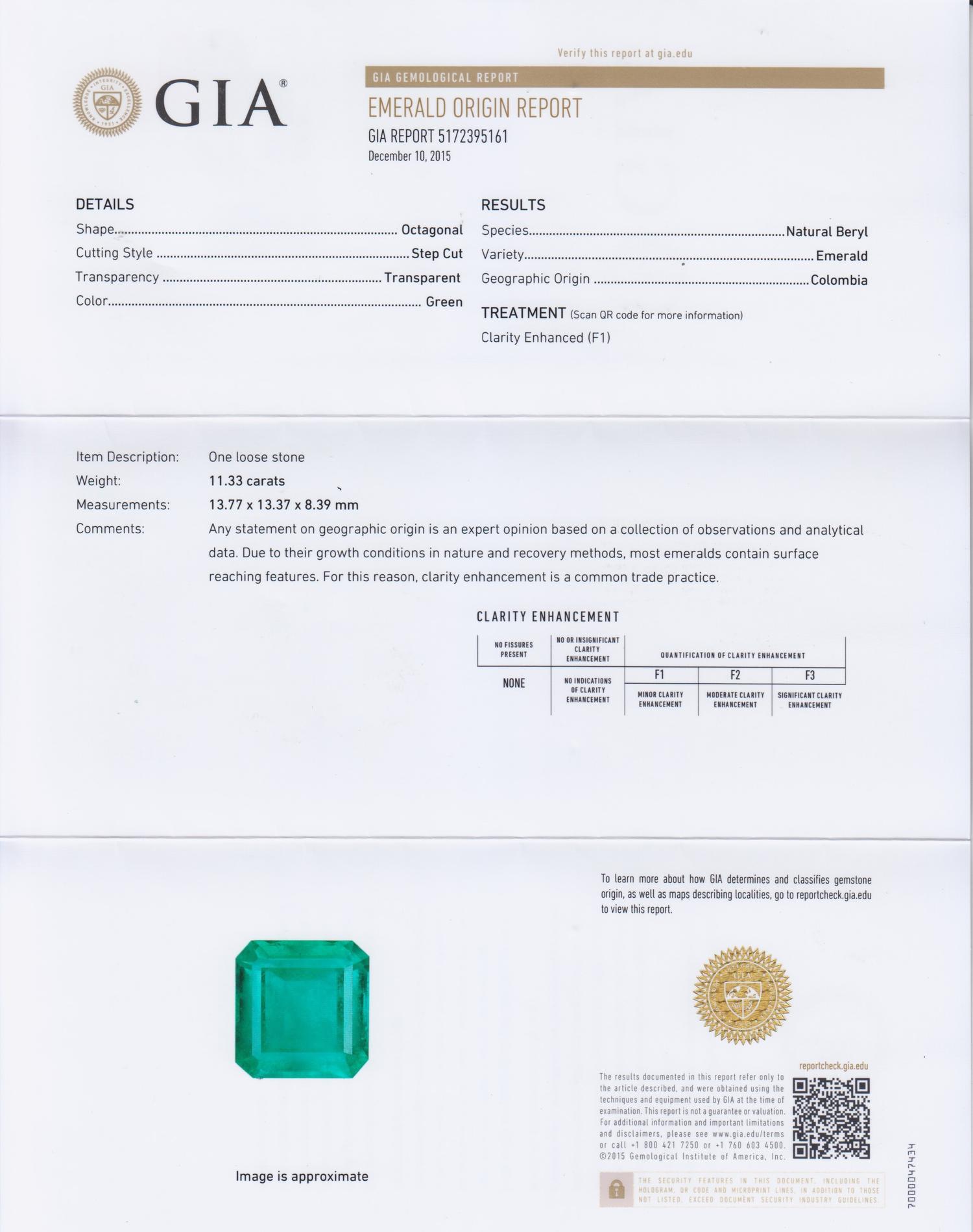 An 11.33 Carat Octagonal Step Cut Emerald,