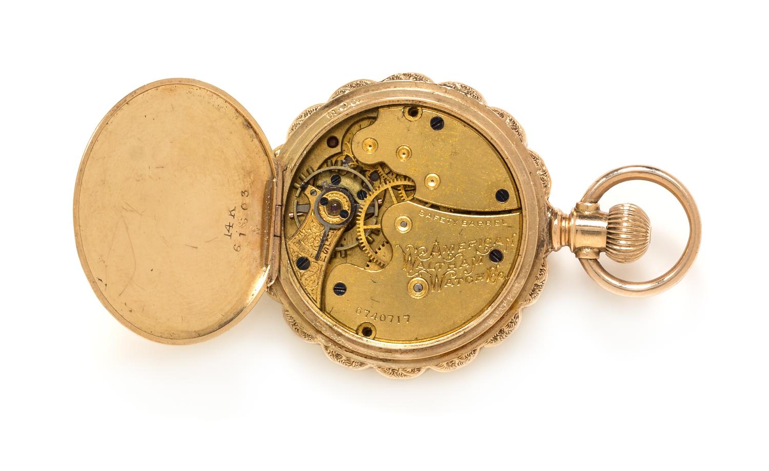 A 14 Karat Tricolor Gold Hunter Case Pocket Watch, Waltham, Circa 1891, 26.10 dwts.
